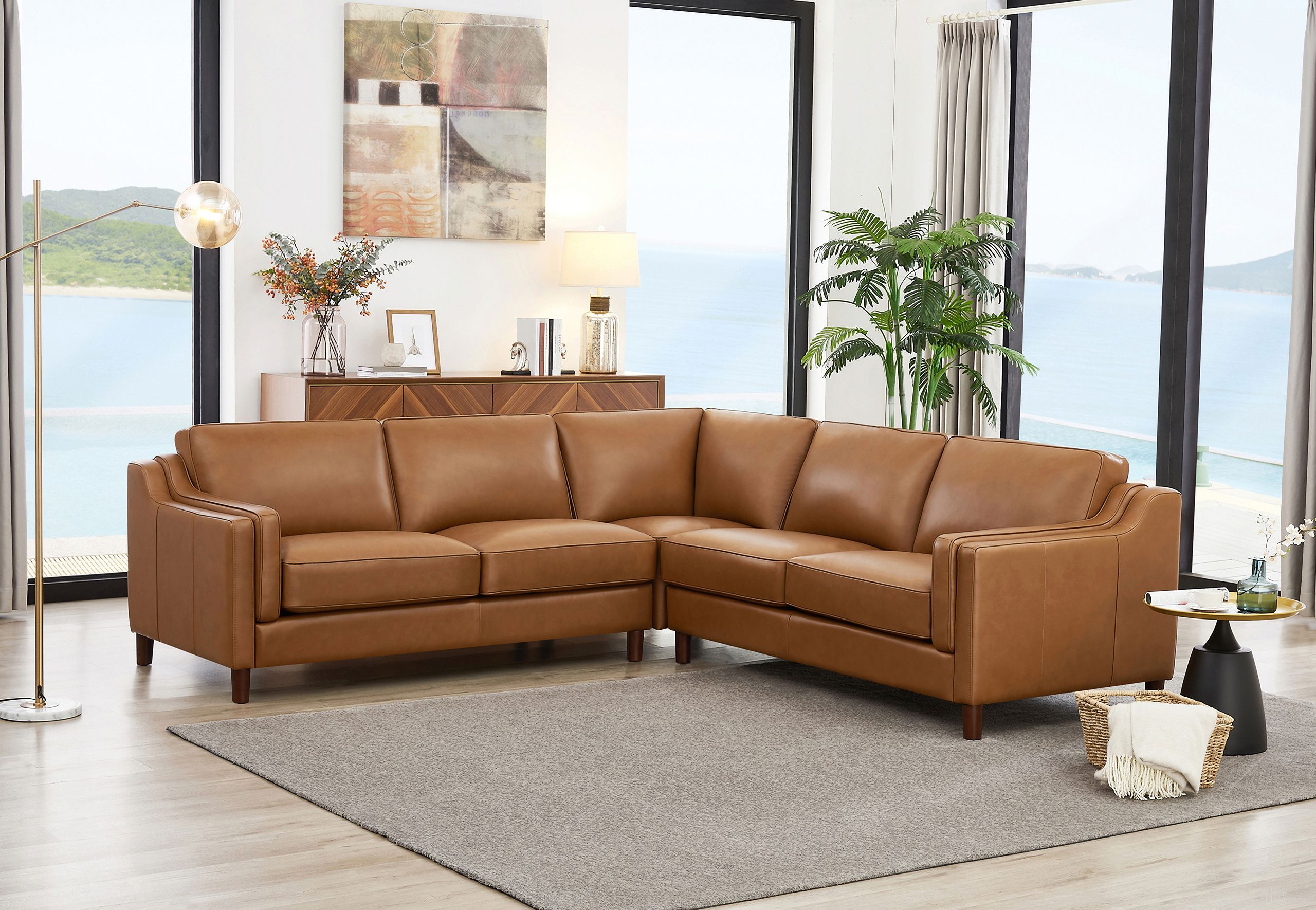 Bella Leather 3 Piece Sectional In Cognac
