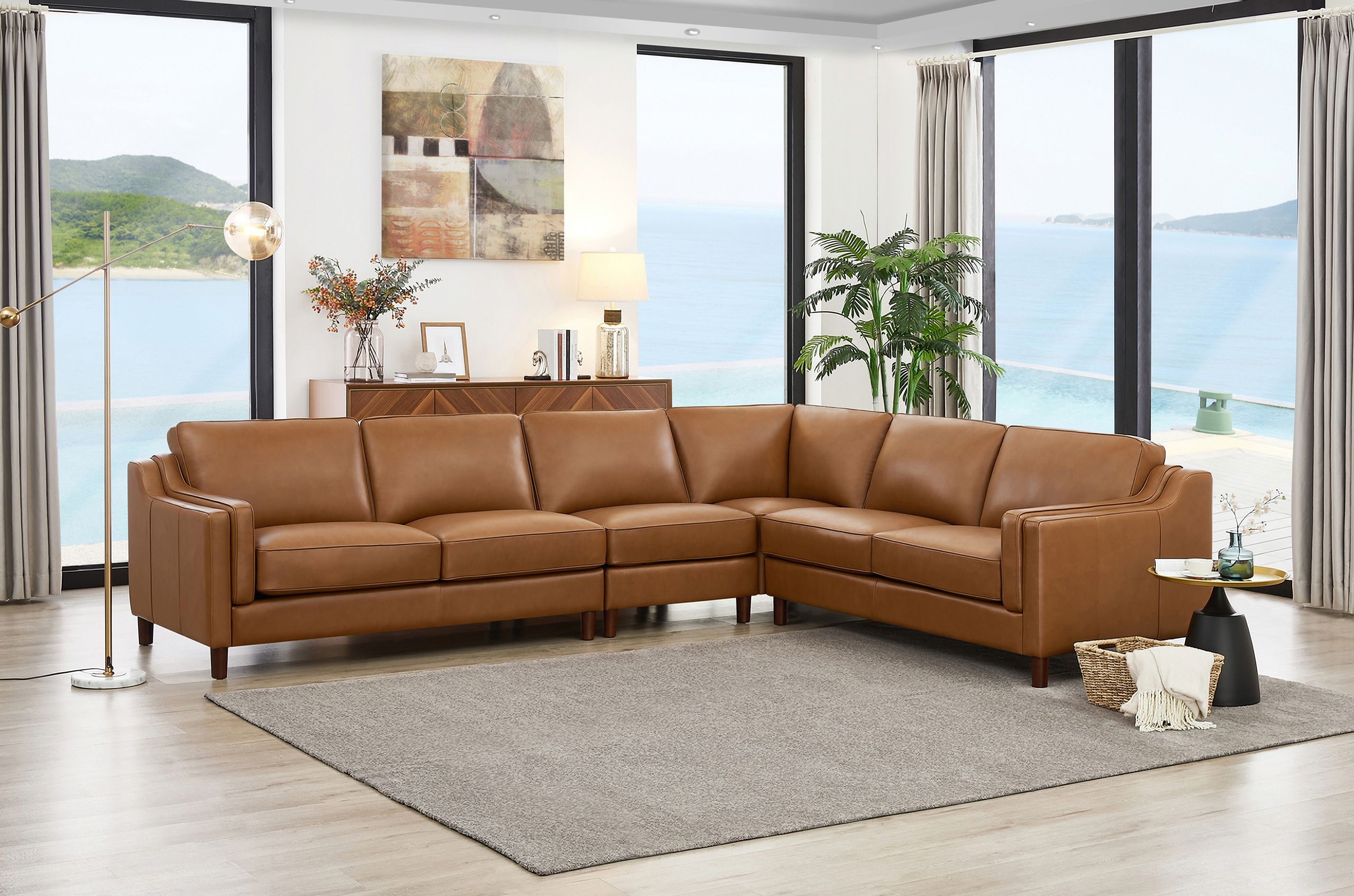The appearance of Bella Leather 4 Piece Sectional In Cognac designed by Hydeline in the modern / contemporary interior design. This cognac piece of furniture  was selected by 1StopBedrooms from Bella Collection to add a touch of cosiness and style into your home. Sku: 6932-25-2523;6932-12-2523;6932-01-2523;6932-26-2523. Material: Leather.
