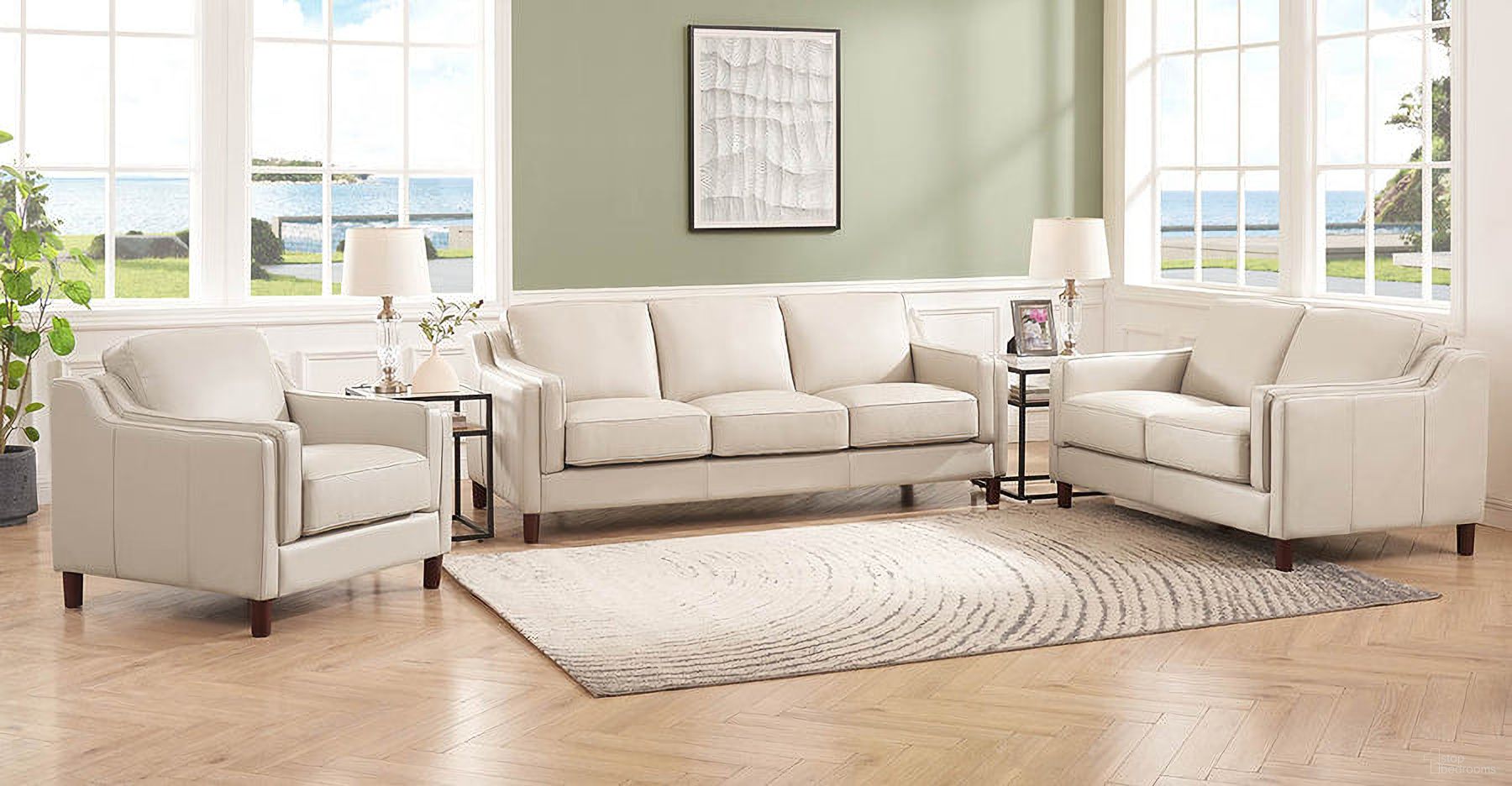 The appearance of Bella Leather Living Room Set In Vanilla designed by Hydeline in the modern / contemporary interior design. This vanilla piece of furniture  was selected by 1StopBedrooms from Bella Collection to add a touch of cosiness and style into your home. Sku: 69932-30V02-LS2519;69932-20V02-LS2519. Material: Leather.