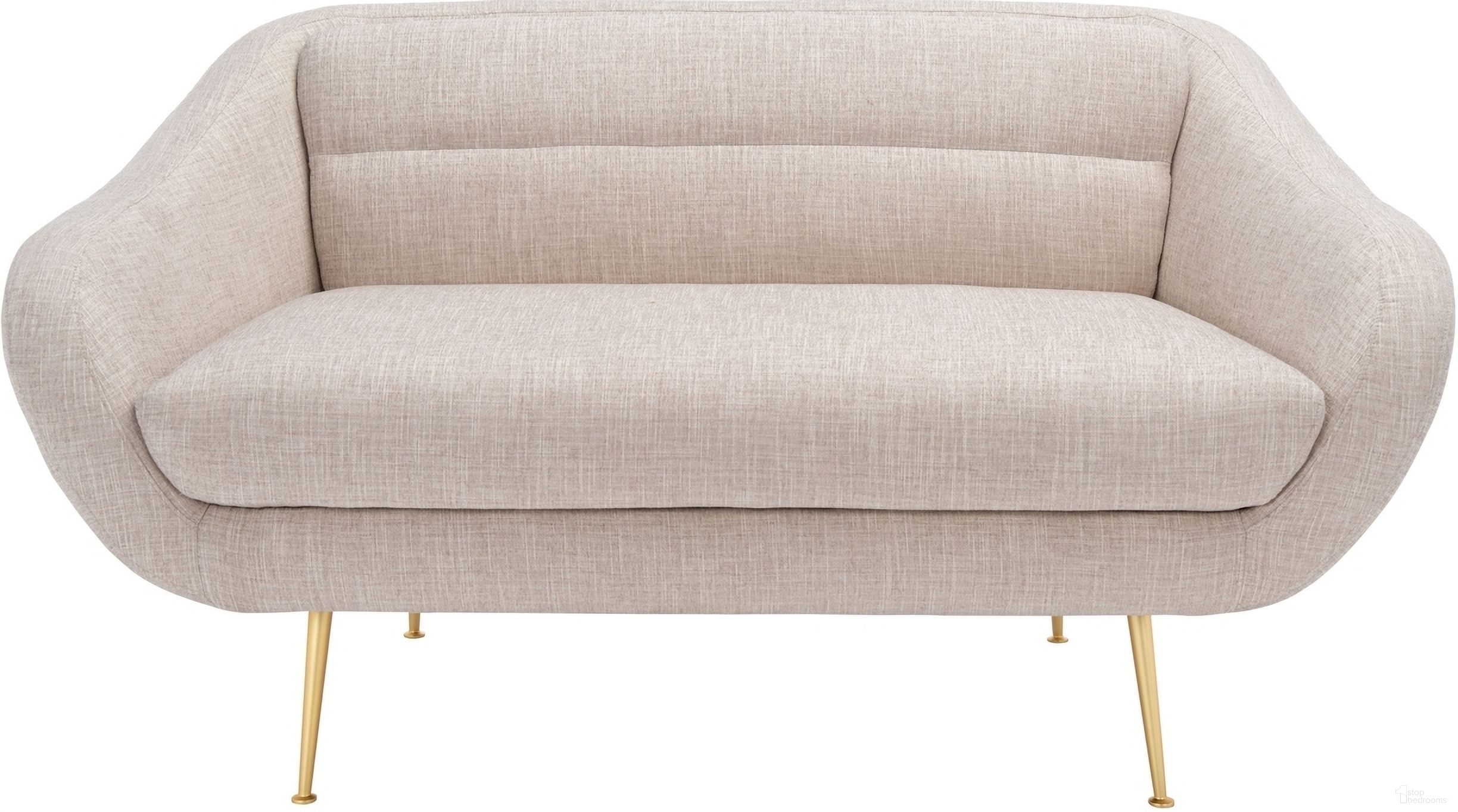 The appearance of Belladonna Mid-Century Loveseat In Oatmeal designed by Safavieh Couture in the transitional interior design. This oatmeal piece of furniture  was selected by 1StopBedrooms from Belladonna Collection to add a touch of cosiness and style into your home. Sku: SFV4525B. Material: Wood.