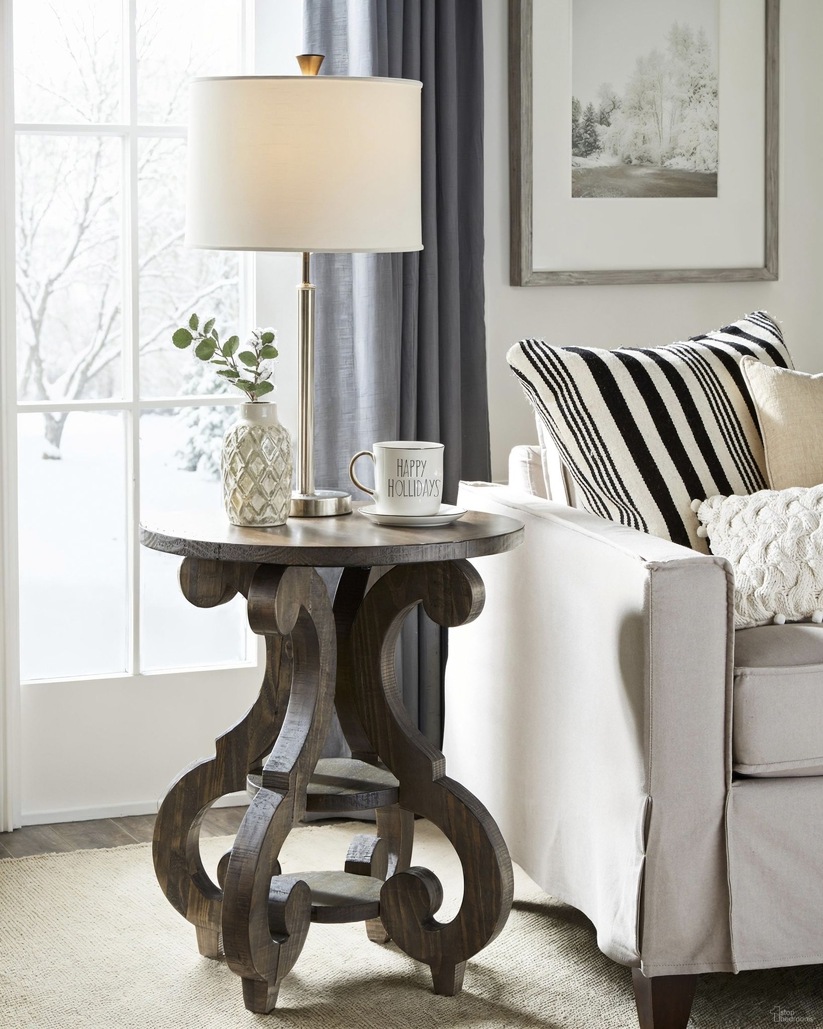 The appearance of Bellamy Deep Weathered Pine Round Accent End Table designed by Magnussen in the traditional interior design. This brown piece of furniture was selected by 1StopBedrooms from Bellamy Collection to add a touch of cosiness and style into your home. Sku: T2491-35. Material: Pine.