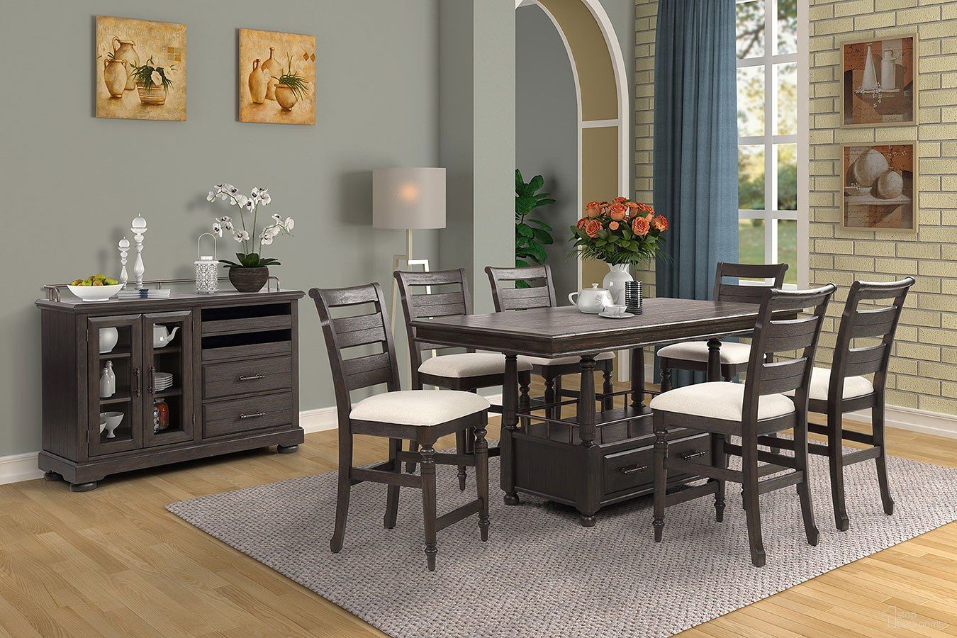 The appearance of Bellamy Lane Counter Height Dining Set designed by Bernell in the transitional interior design. This dark brown piece of furniture was selected by 1StopBedrooms from Bellamy Lane Collection to add a touch of cosiness and style into your home. Sku: 5910-530;5910-541. Table Base Style: Trestle. Material: Wood Veneer. Table Top Shape: Rectangular. Size: 36" x 72".