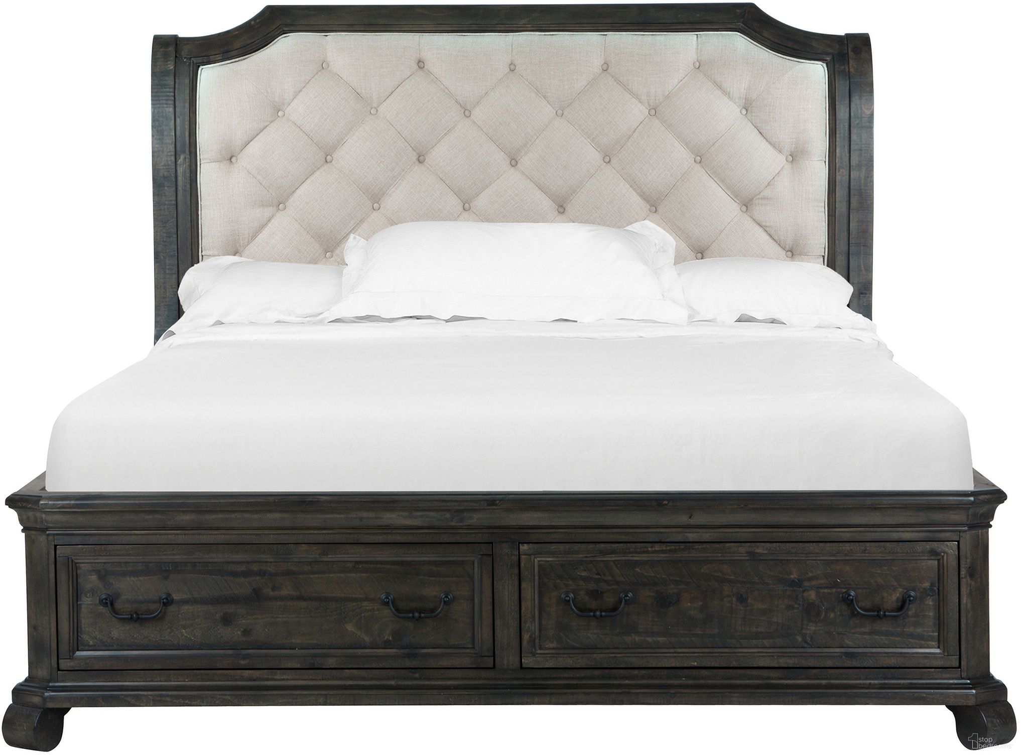 The appearance of Bellamy King Sleigh Storage Bed In Peppercorn designed by Magnussen in the traditional interior design. This peppercorn piece of furniture was selected by 1StopBedrooms from Bellamy Collection to add a touch of cosiness and style into your home. Sku: B2491-63H;B2491-63F;B2491-53R. Bed Type: Storage Bed. Bed Size: King. Material: Pine.
