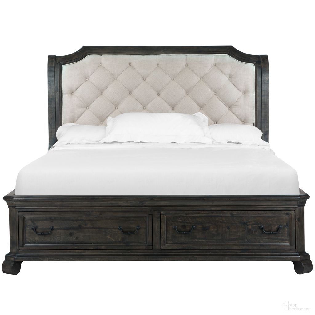 The appearance of Bellamy Queen Sleigh Storage Bed In Peppercorn designed by Magnussen in the traditional interior design. This peppercorn piece of furniture was selected by 1StopBedrooms from Bellamy Collection to add a touch of cosiness and style into your home. Sku: B2491-53H;B2491-53F;B2491-53R. Bed Type: Storage Bed. Bed Size: Queen. Material: Pine.
