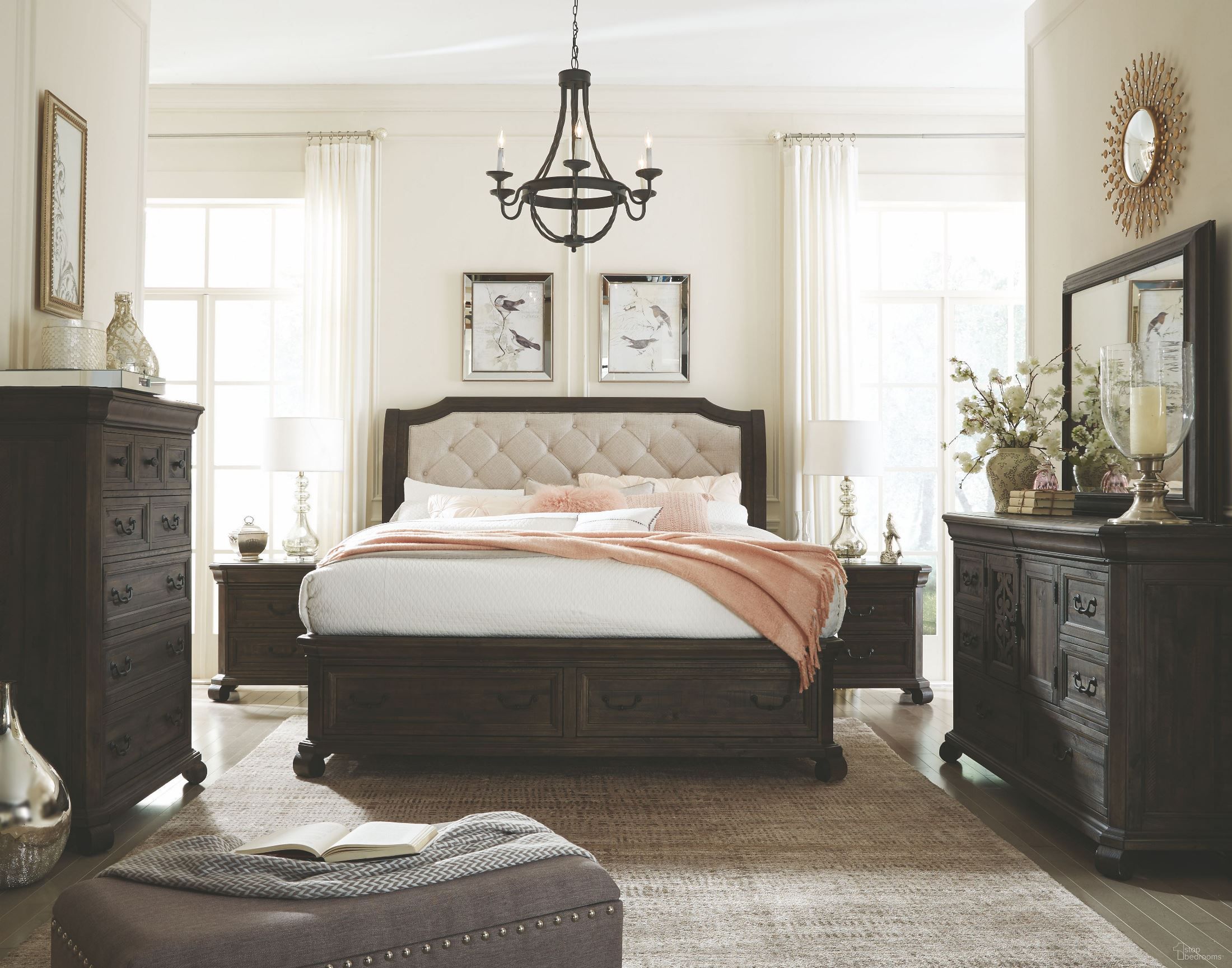 The appearance of Bellamy Peppercorn Sleigh Bedroom Set with Shaped Footboard designed by Magnussen in the modern / contemporary interior design. This brown piece of furniture  was selected by 1StopBedrooms from Bellamy Collection to add a touch of cosiness and style into your home. Sku: B2491-53H;B2491-55F;B2491-55R;B2491-07. Bed Type: Sleigh Bed. Bed Size: Queen. Material: Pine.