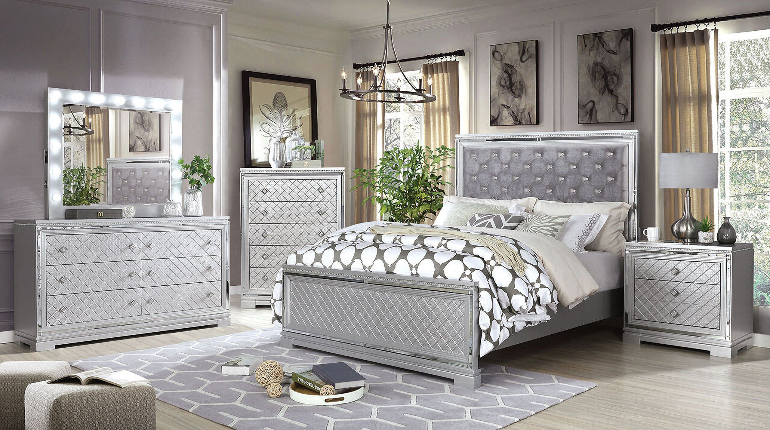 The appearance of Belleterre Queen Bed In Silver designed by Furniture of America in the glam interior design. This silver piece of furniture was selected by 1StopBedrooms from Belleterre Collection to add a touch of cosiness and style into your home. Sku: CM7518Q-FB;CM7518Q-HB;CM7518Q-R. Bed Type: Panel Bed. Material: Wood. Bed Size: Queen.