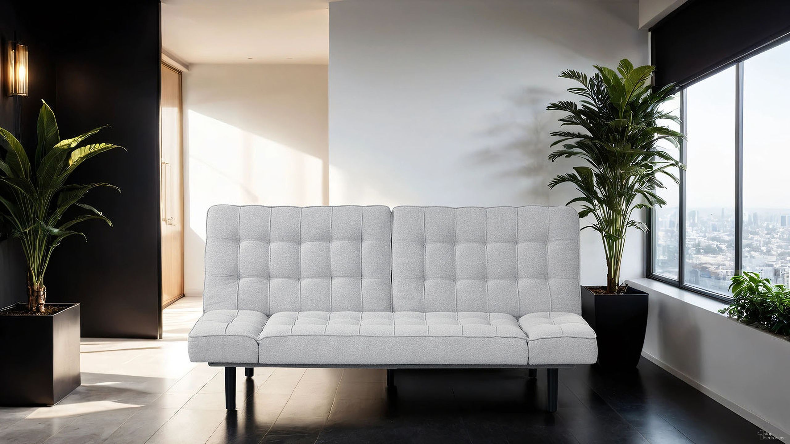 The appearance of Bellevue Futon Sofa In Light Gray designed by Furniture of America in the modern / contemporary interior design. This light gray piece of furniture  was selected by 1StopBedrooms from Bellevue Collection to add a touch of cosiness and style into your home. Sku: FM2801LG. Material: Solid Wood.