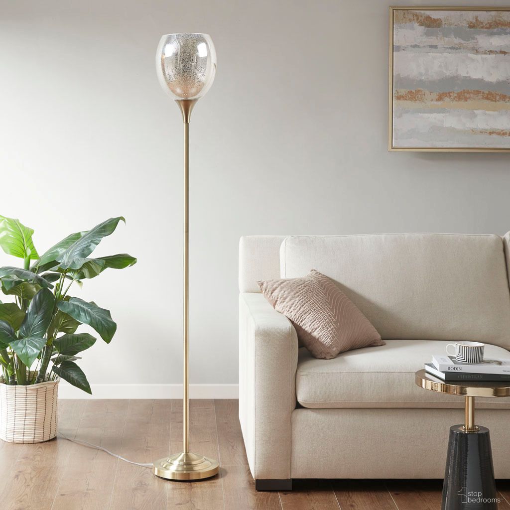 Bellow Uplight Floor Lamp with Mercury Glass Shade In Antique Brass