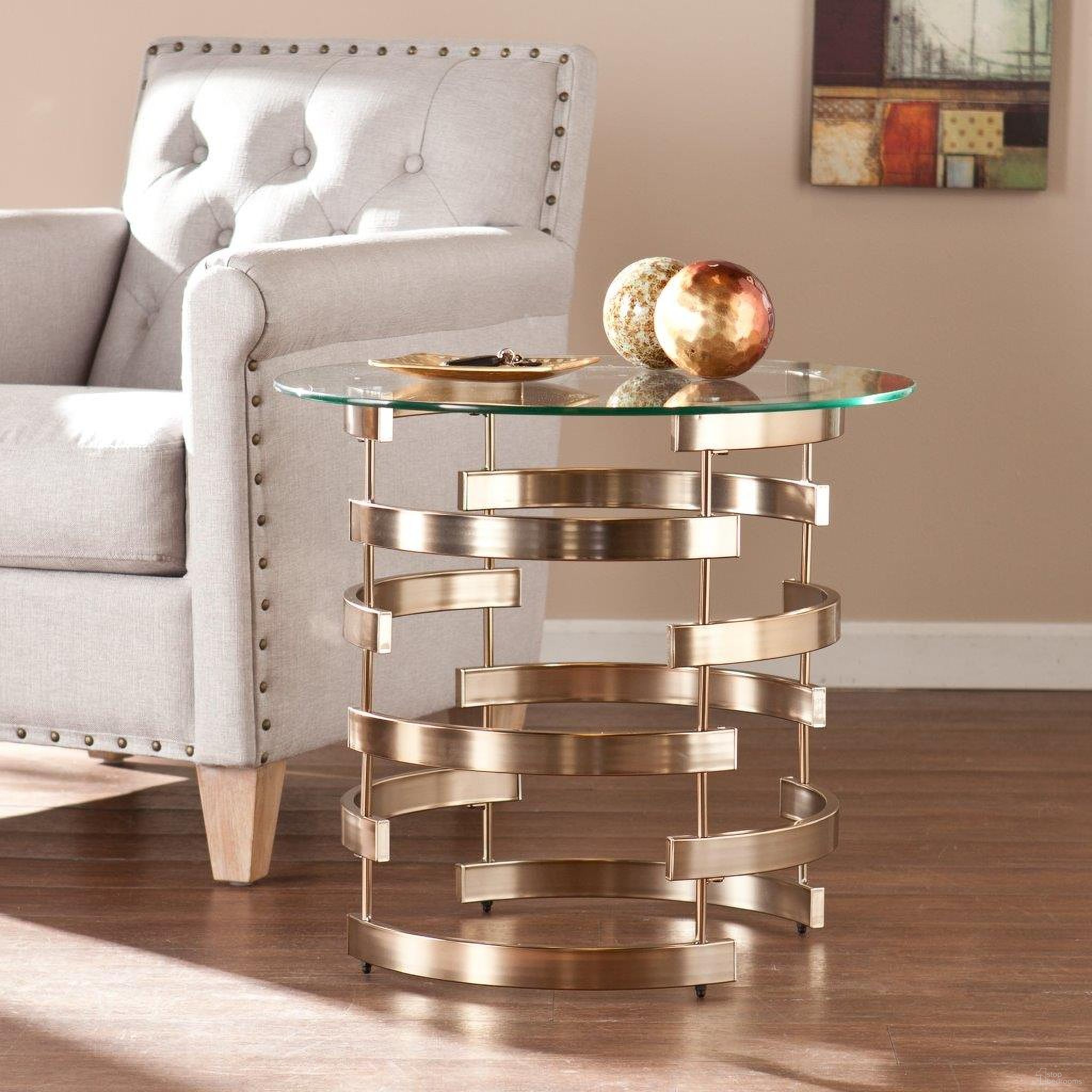 The appearance of Belmar End Table designed by SEI Furniture in the modern / contemporary interior design. This champagne piece of furniture  was selected by 1StopBedrooms from Belmar Collection to add a touch of cosiness and style into your home. Sku: CK5432. Material: Glass.