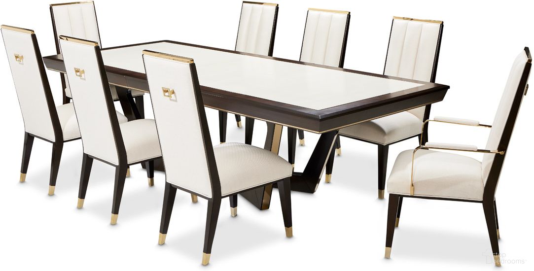 The appearance of Belmont Dining Room Set In Espresso designed by Michael Amini in the transitional interior design. This espresso piece of furniture was selected by 1StopBedrooms from Belmont Place Collection to add a touch of cosiness and style into your home. Sku: 9085000-409;9085003-409;9085003-409. Table Base Style: Trestle. Material: Poplar.