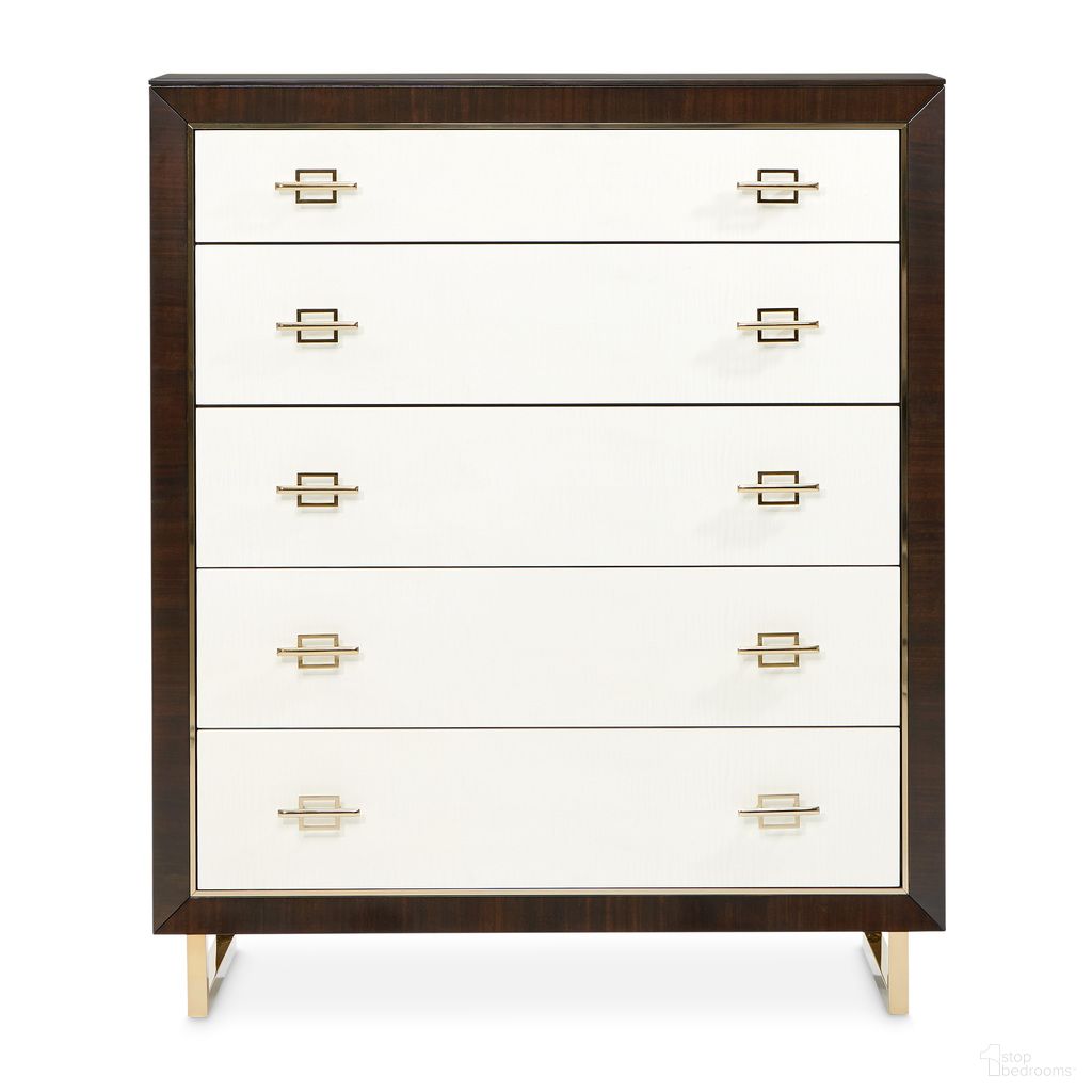 The appearance of Belmont Place 5-Drawer Chest In Espresso designed by Michael Amini in the transitional interior design. This espresso piece of furniture was selected by 1StopBedrooms from Belmont Place Collection to add a touch of cosiness and style into your home. Sku: N9085070SA-409. Material: Solid Wood.
