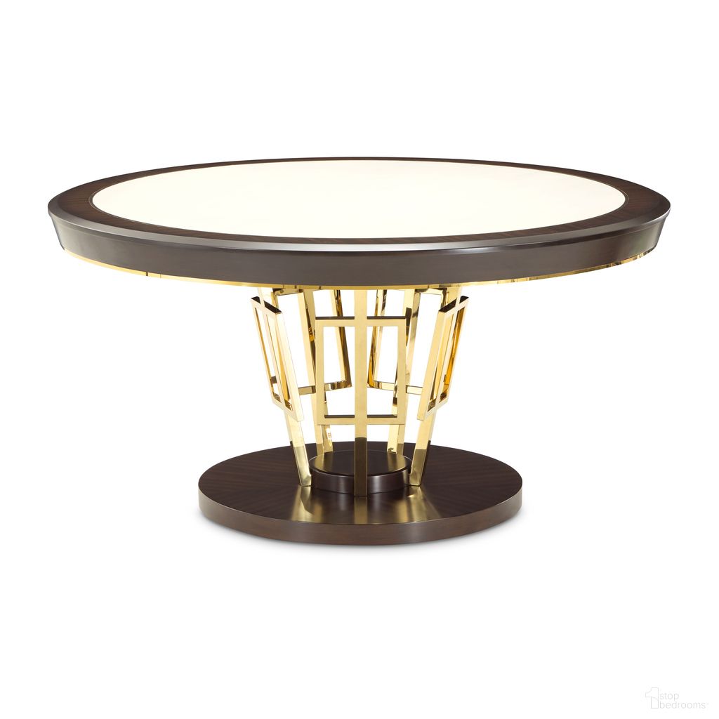 The appearance of Belmont Place 60 Inch Round Dining Table In Espresso designed by Michael Amini in the modern / contemporary interior design. This espresso piece of furniture was selected by 1StopBedrooms from Belmont Place Collection to add a touch of cosiness and style into your home. Sku: N9085001B-409;N9085001T-409. Table Base Style: Pedestal. Table Top Shape: Round. Material: Poplar. Size: 60".