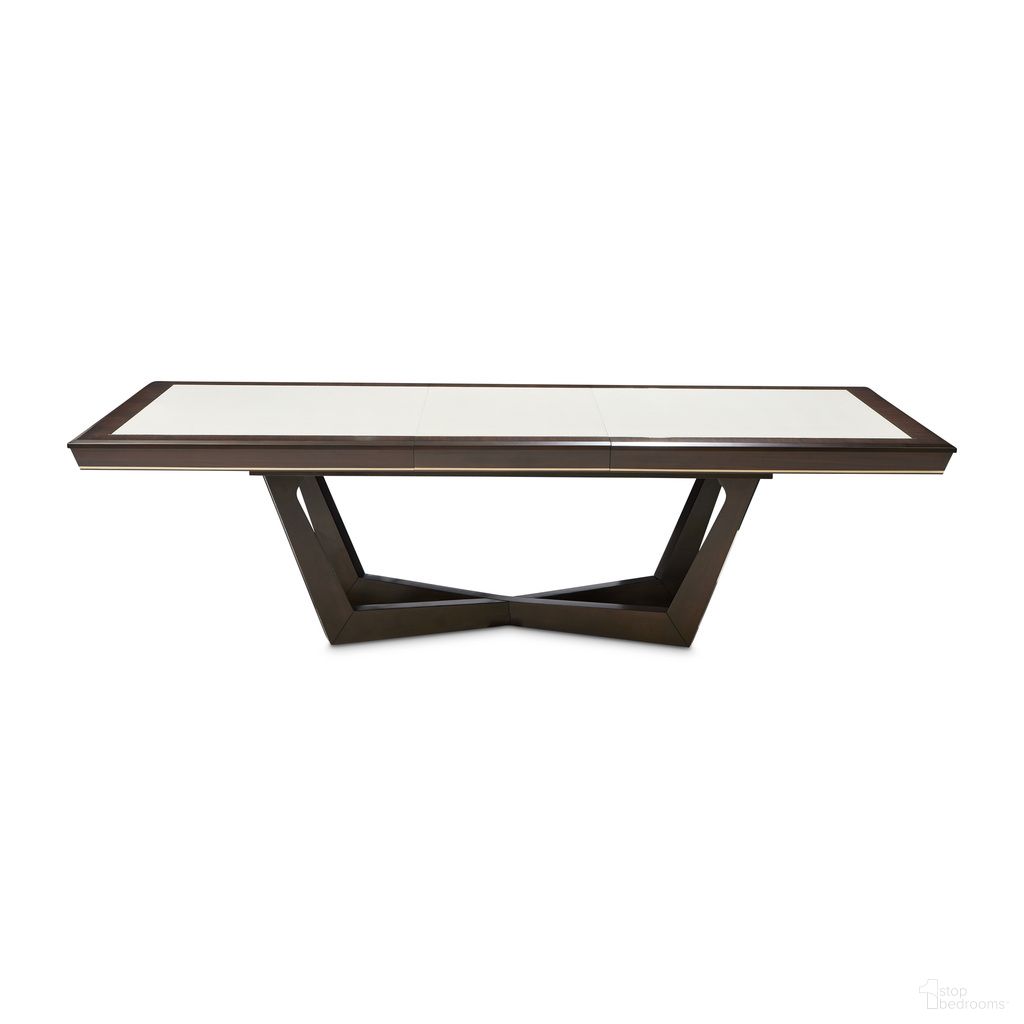 The appearance of Belmont Place Rectangular Dining Table In Espresso designed by Michael Amini in the transitional interior design. This espresso piece of furniture was selected by 1StopBedrooms from Belmont Place Collection to add a touch of cosiness and style into your home. Sku: N9085000-409. Table Base Style: Trestle. Table Top Shape: Rectangular. Size: 46" x 84". Material: Solid Wood.
