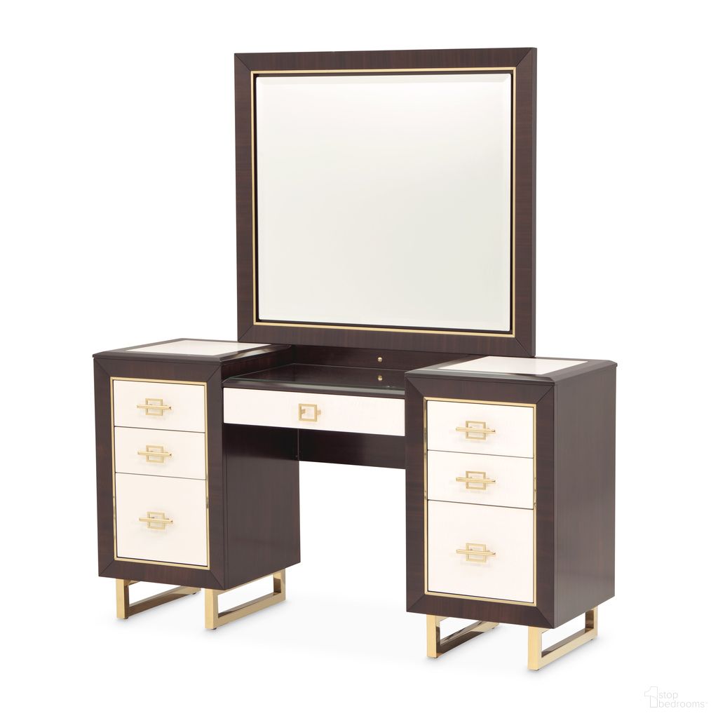 The appearance of Belmont Place Vanity Desk In Espresso designed by Michael Amini in the modern / contemporary interior design. This espresso piece of furniture was selected by 1StopBedrooms from Belmont Place Collection to add a touch of cosiness and style into your home. Sku: N9085058SA-409. Material: Solid Wood.