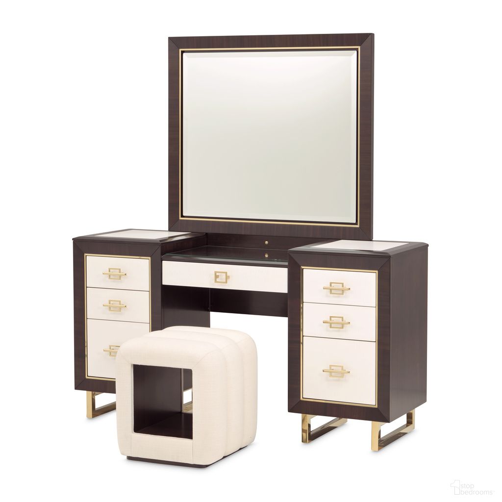 The appearance of Belmont Place Vanity with Mirror & Bench In Espresso designed by Michael Amini in the modern / contemporary interior design. This espresso piece of furniture was selected by 1StopBedrooms from Belmont Place Collection to add a touch of cosiness and style into your home. Sku: N9085058SA-409;N9085068-409;N9085804-409. Material: Solid Wood.