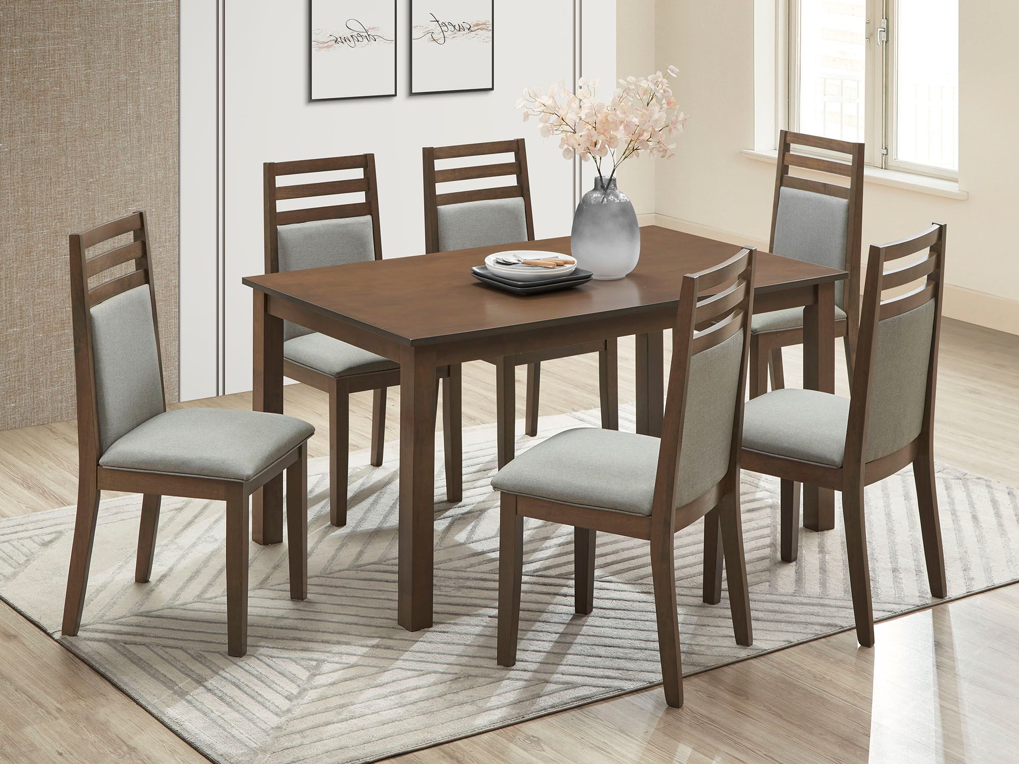 The appearance of Belot 7-Piece Dining Set In Walnut and Olive Green designed by Iconic Furniture in the transitional interior design. This green walnut and olive green piece of furniture  was selected by 1StopBedrooms from Urbana Collection to add a touch of cosiness and style into your home. Sku: BELOT-GW-1963-12-7PC. Table Base Style: Legs. Table Top Shape: Rectangular. Material: Rubberwood.