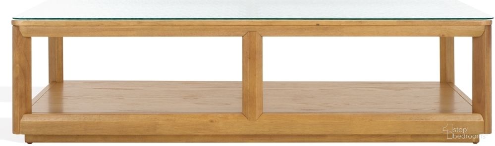 The appearance of Benecarlo Glass Top Coffee Table In Clear and Natural designed by Safavieh Couture in the modern / contemporary interior design. This clear/natural piece of furniture  was selected by 1StopBedrooms from Benecarlo Collection to add a touch of cosiness and style into your home. Sku: SFV2159A. Material: Rubberwood.