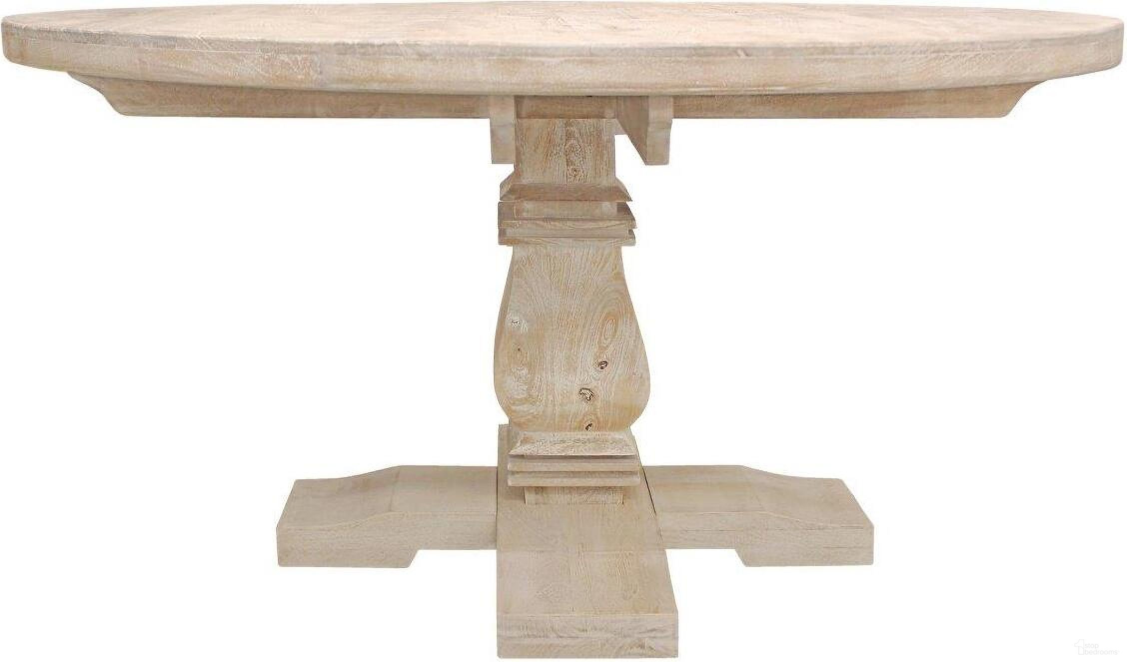 The appearance of Benedict Round Dining Table In White Wash designed by Moti in the transitional interior design. This white wash piece of furniture was selected by 1StopBedrooms from Benedict Collection to add a touch of cosiness and style into your home. Sku: 78102001. Table Base Style: Pedestal. Table Top Shape: Round. Material: Wood. Size: 58".