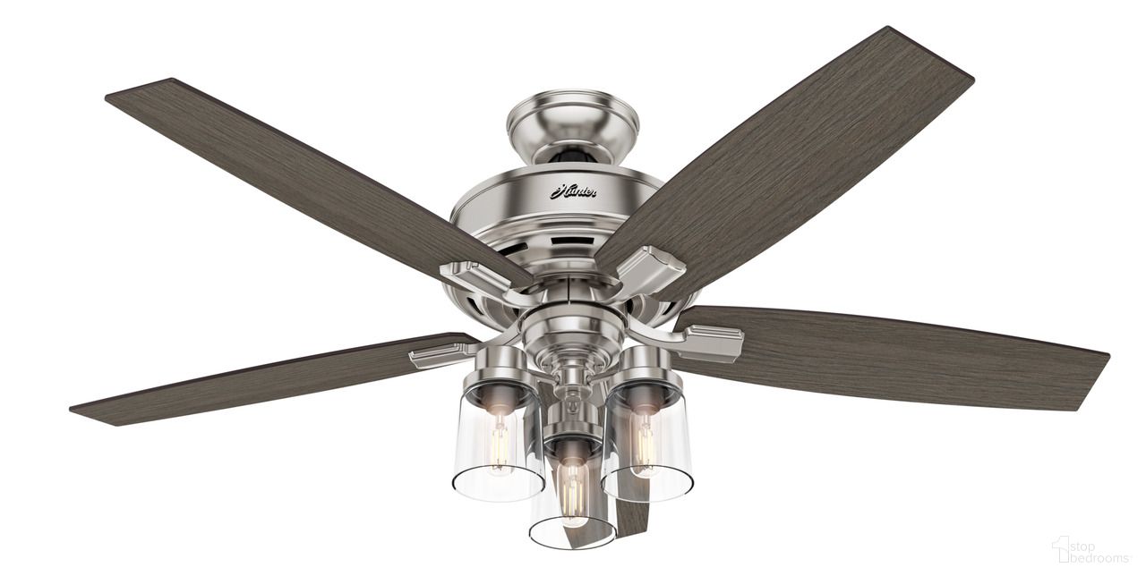 The appearance of Bennett 52 Inch Ceiling Fan with LED Light Kit and Handheld Remote In Brushed Nickel and Light Gray Oak designed by Hunter Fan in the rustic / southwestern interior design. This brushed nickel/light gray oak piece of furniture was selected by 1StopBedrooms from Bennett Collection to add a touch of cosiness and style into your home. Sku: 54190. Material: Composite.