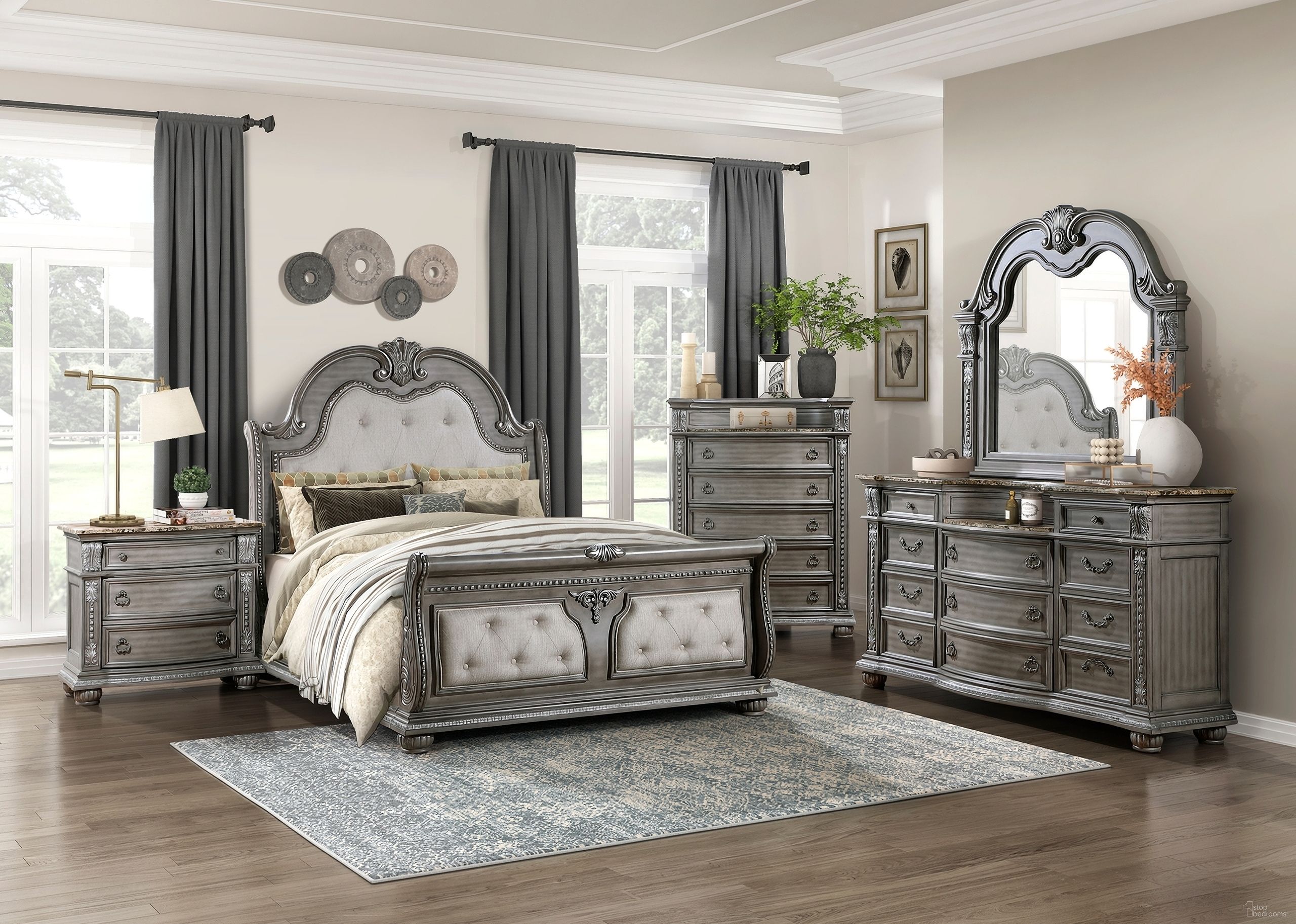 The appearance of Bennington Panel Bedroom Set In Gray designed by Homelegance in the traditional interior design. This gray piece of furniture  was selected by 1StopBedrooms from Bennington Collection to add a touch of cosiness and style into your home. Sku: 1583-1;1583-1P;1583-2;1583-3;1583-4. Bed Size: King. Material: Textured.