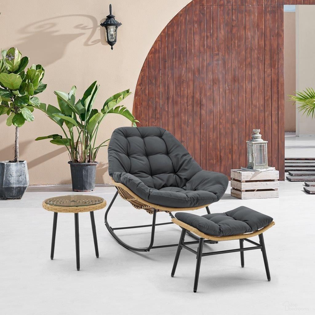 Benson 3-Piece Patio Rocking Chair with Ottoman and Table In Grey