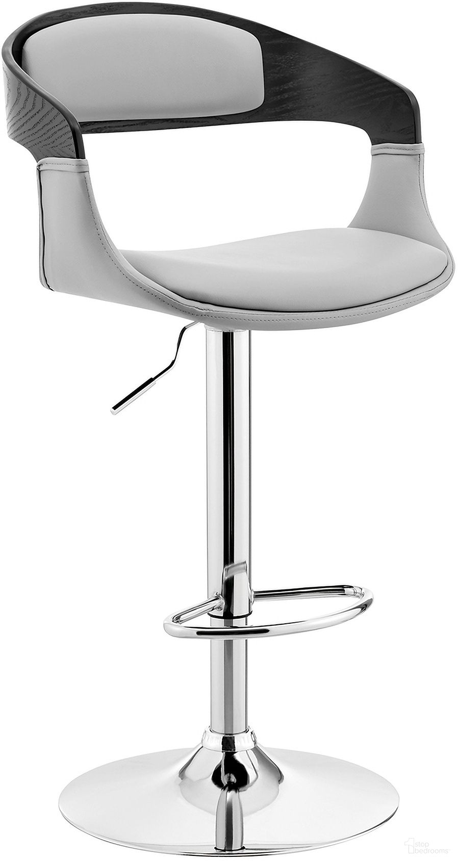 Benson Adjustable Gray Faux Leather and Black Wood Bar Stool with Chrome Base