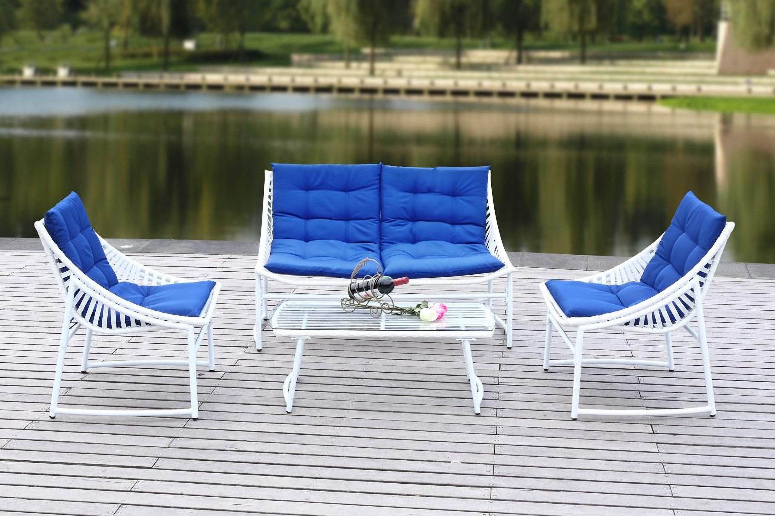 The appearance of Berkane White Rattan and Navy 4-Piece Outdoor Set designed by Safavieh in the modern / contemporary interior design. This white and navy piece of furniture was selected by 1StopBedrooms from Berkane Collection to add a touch of cosiness and style into your home. Sku: PAT2009B. Material: Steel.