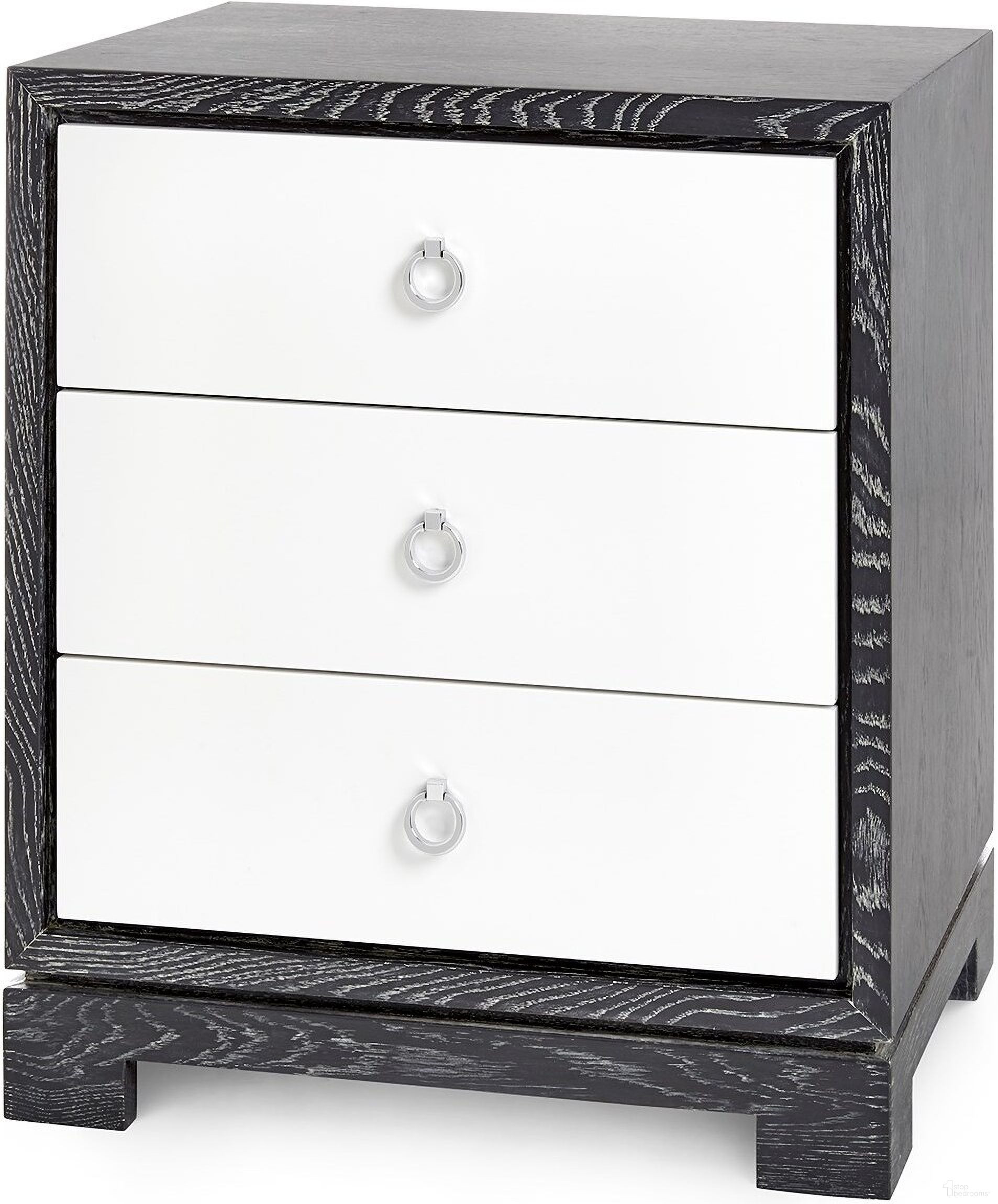 The appearance of Berkeley 3-Drawer Side Table with Chrome Pulls In Charcoal Cerused Oak designed by Villa & House in the transitional interior design. This charcoal piece of furniture was selected by 1StopBedrooms from Berkeley Collection to add a touch of cosiness and style into your home. Sku: BER-130-97. Material: Wood.