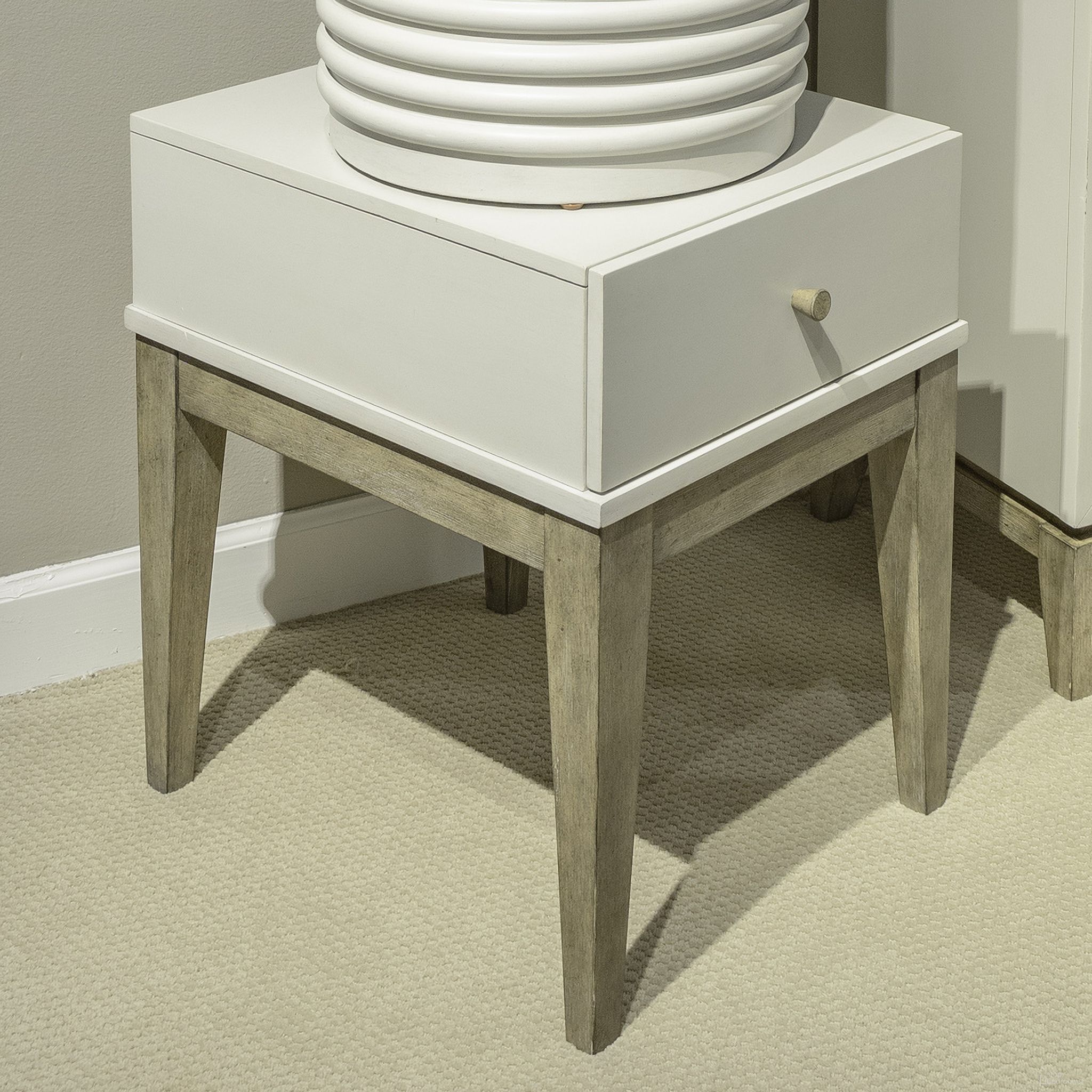 The appearance of Berkley Chairside Table In Linen and Khaki designed by Liberty in the modern / contemporary interior design. This linen/khaki piece of furniture  was selected by 1StopBedrooms from Berkley Collection to add a touch of cosiness and style into your home. Sku: 465-OT1022. Material: Solid Rubberwood.