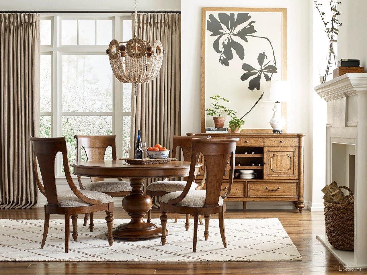 The appearance of Berkshire Round Dining Set In Medium Stain designed by American Drew in the traditional interior design. This medium stain piece of furniture  was selected by 1StopBedrooms from Berkshire Collection to add a touch of cosiness and style into your home. Sku: 011-701R;011-622;011-622;011-622;011-622. Table Base Style: Pedestal. Table Top Shape: Round. Material: Wood. Size: 54".