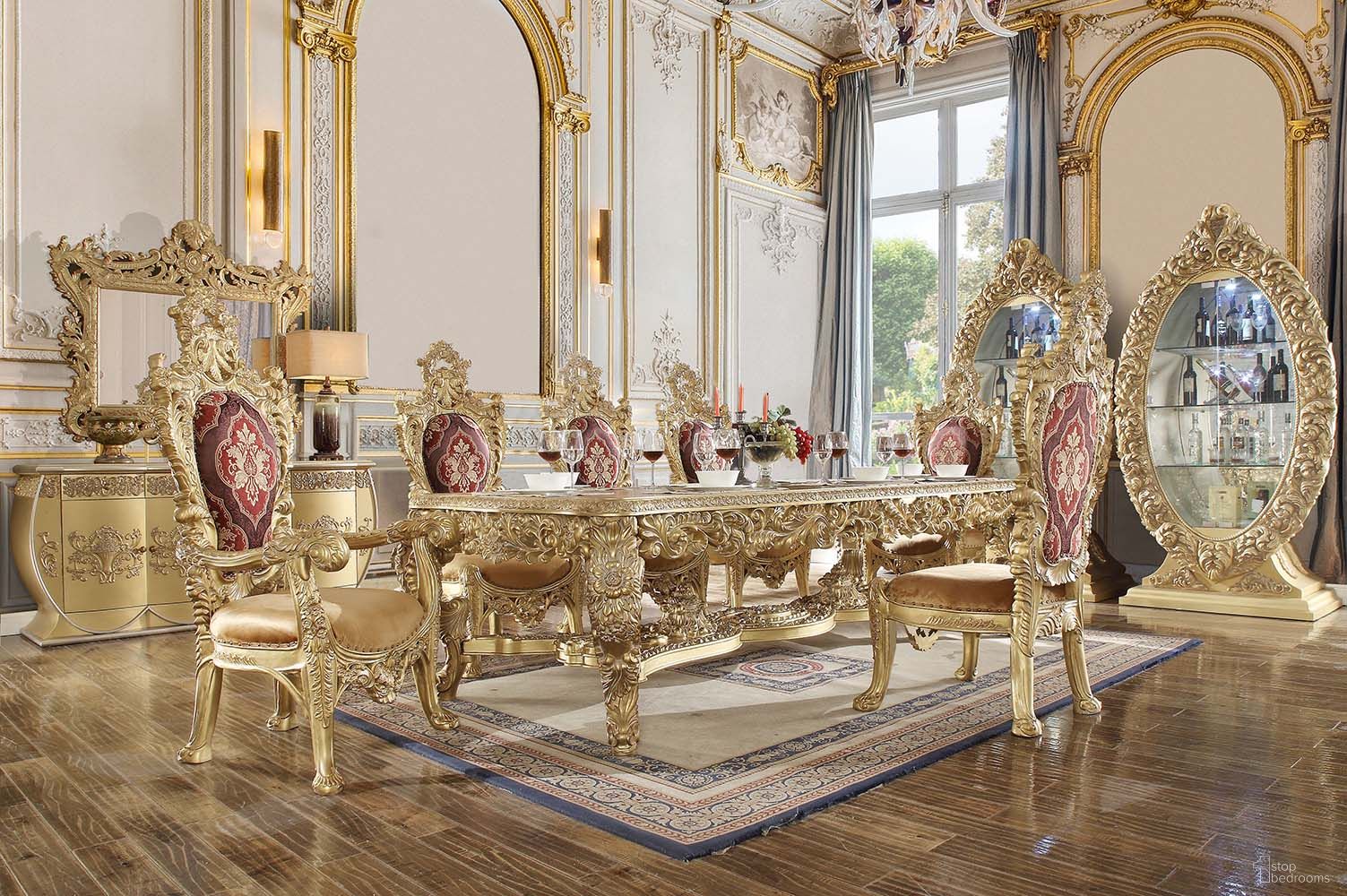 The appearance of Bernadette Rectangle Dining Room Set In Gold designed by ACME in the transitional interior design. This gold piece of furniture  was selected by 1StopBedrooms from Bernadette Collection to add a touch of cosiness and style into your home. Sku: DN01470-1;DN01470-2;DN01471. Table Base Style: Trestle. Material: Wood. Table Top Shape: Rectangular. Size: 51" x 111".