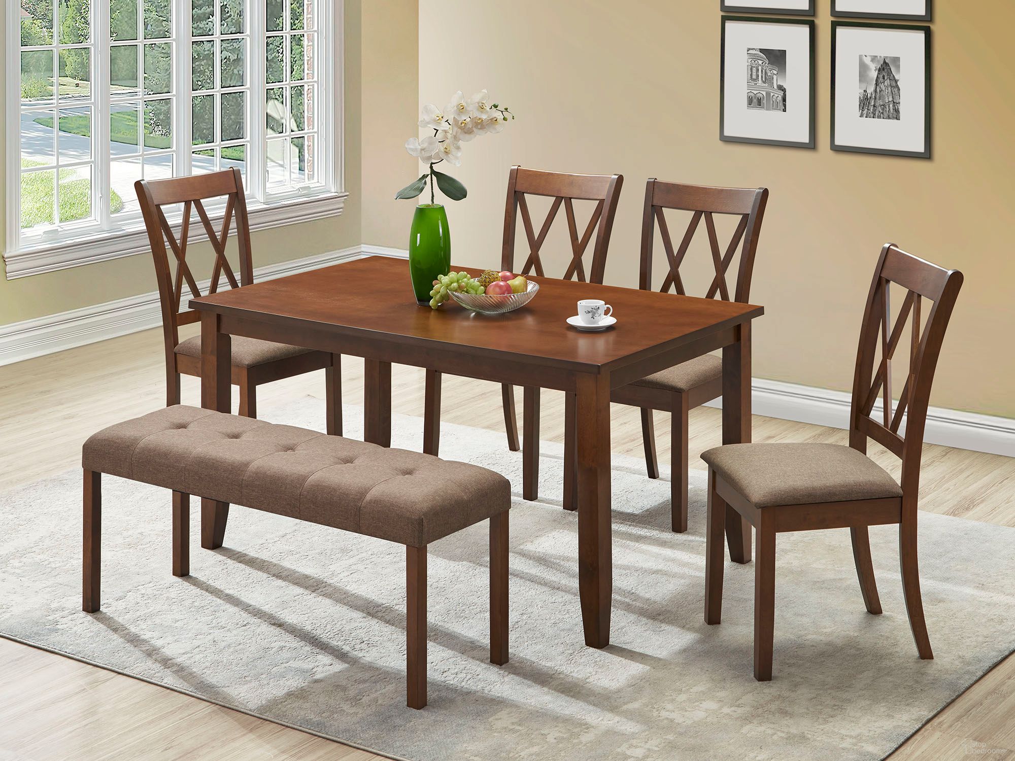 The appearance of Bernard 6-Piece Dining Set In Rose Walnut and Coffee designed by Iconic Furniture in the transitional interior design. This rose walnut and coffee piece of furniture  was selected by 1StopBedrooms from Urbana Collection to add a touch of cosiness and style into your home. Sku: BERN-RW-19639-6PC. Table Base Style: Legs. Table Top Shape: Rectangular. Material: Rubberwood.