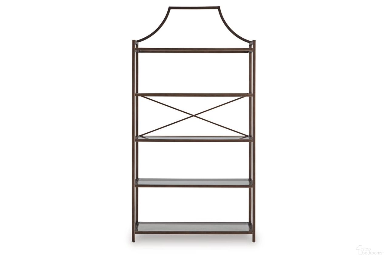 The appearance of Bernonly 72 Inch Bookcase In Antique Bronze designed by Signature Design by Ashley in the traditional interior design. This antique bronze piece of furniture  was selected by 1StopBedrooms from Bernonly Collection to add a touch of cosiness and style into your home. Sku: A4000556. Material: Metal/Glass.