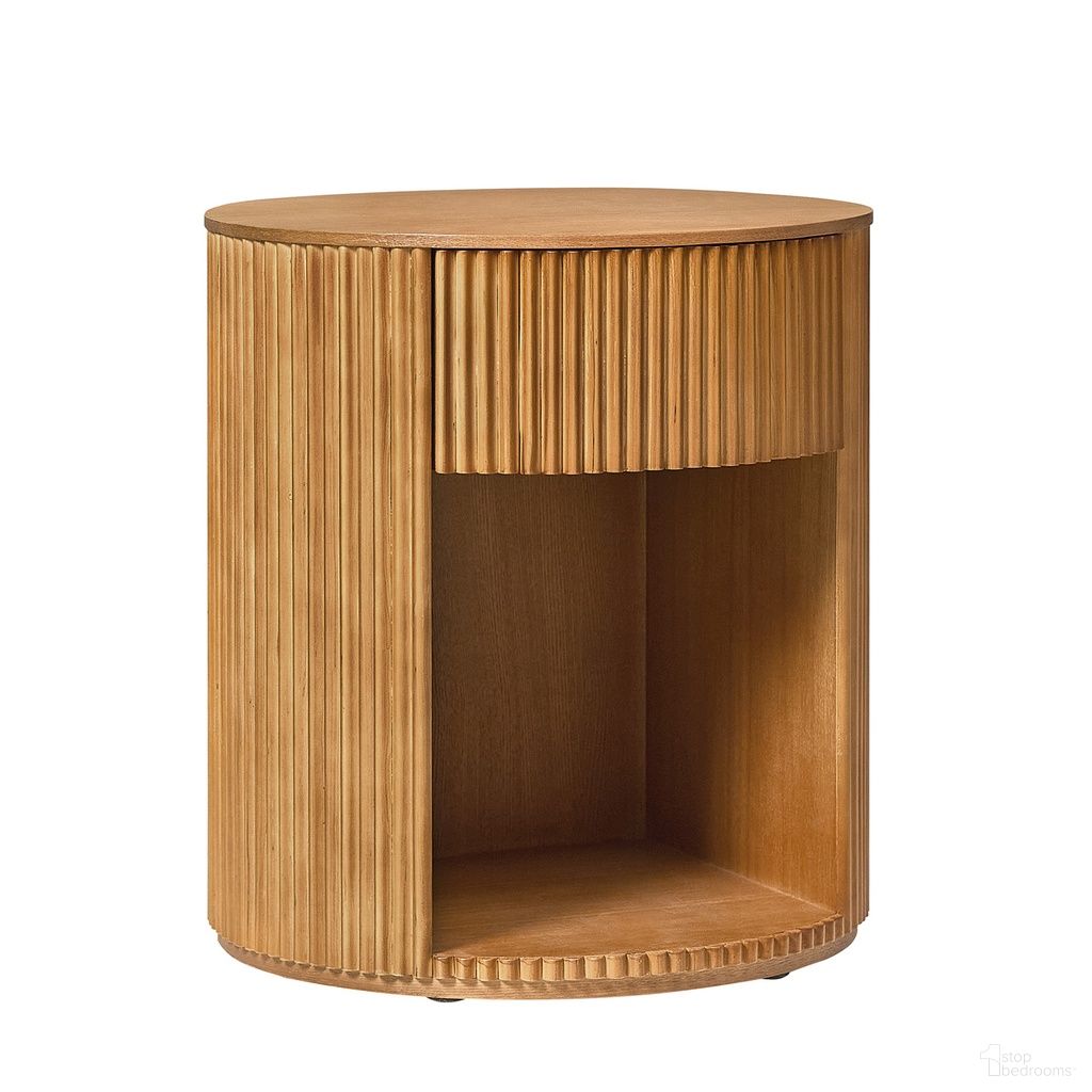 The appearance of Bert Round End Table In Oak designed by Karat Home in the modern / contemporary interior design. This oak piece of furniture  was selected by 1StopBedrooms from Bert Collection to add a touch of cosiness and style into your home. Sku: ETRB1478-OAK. Material: Engineered Wood.