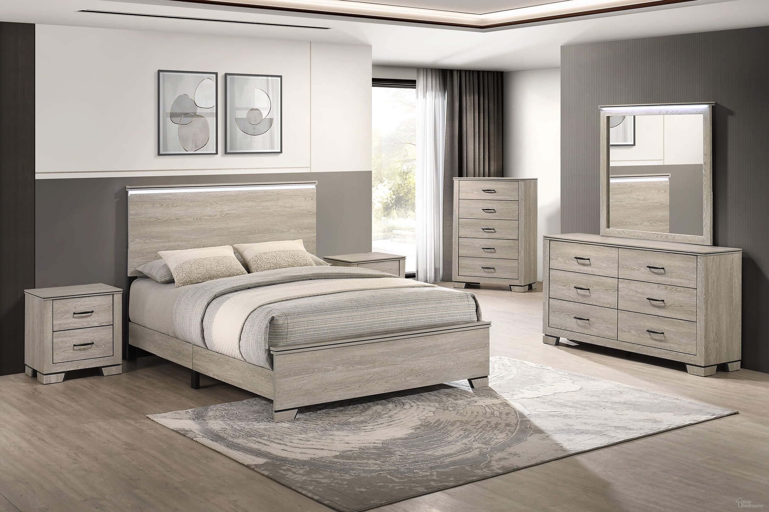 Bertha Panel Bedroom Set with LED Headboard in Rustic Greige Oak