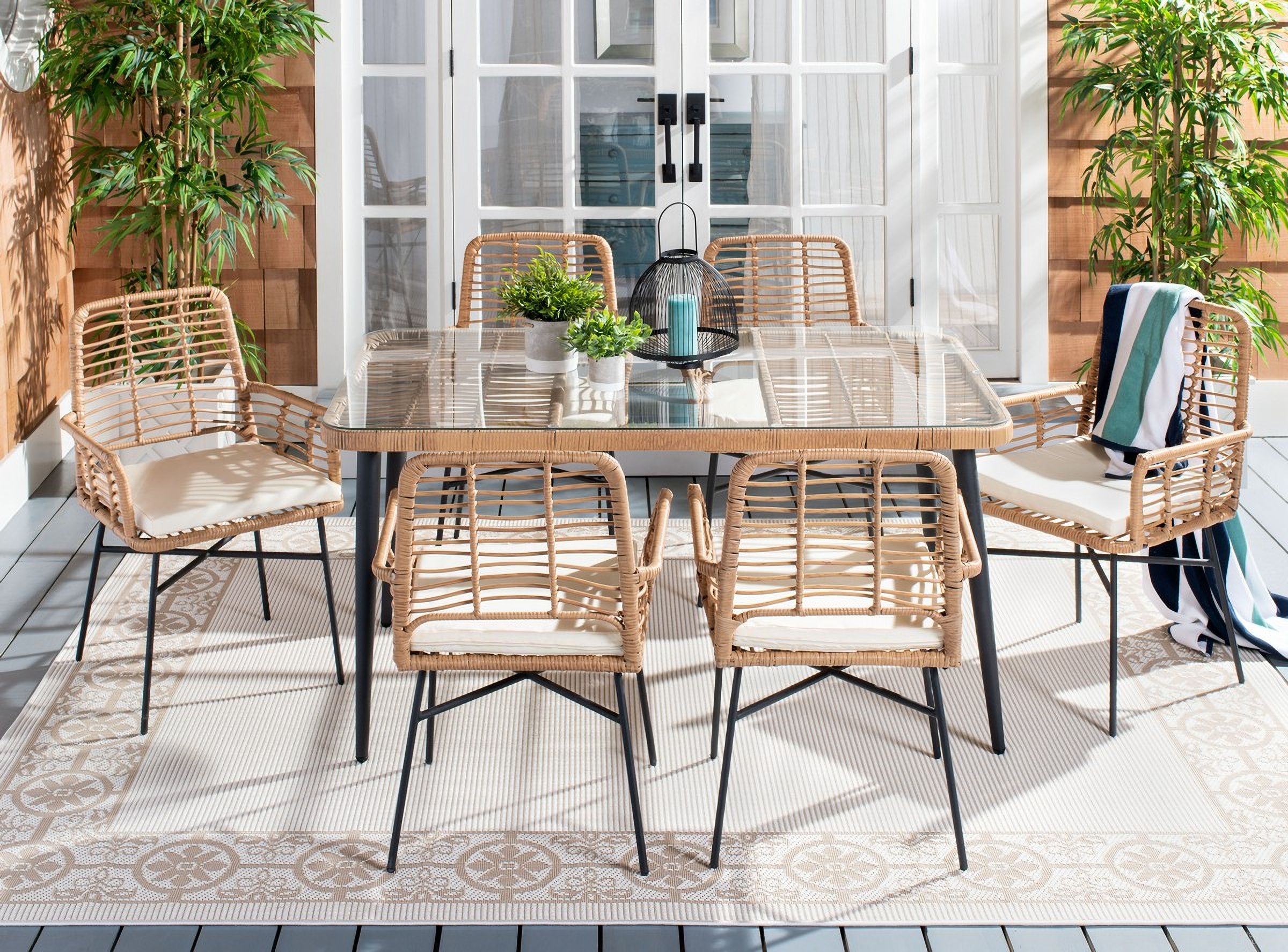 The appearance of Beson 7 Piece Dining Set In White designed by Safavieh in the coastal interior design. This white piece of furniture was selected by 1StopBedrooms from Beson Collection to add a touch of cosiness and style into your home. Sku: PAT9010A-3BX. Table Base Style: Legs. Material: Steel. Table Top Shape: Rectangular.