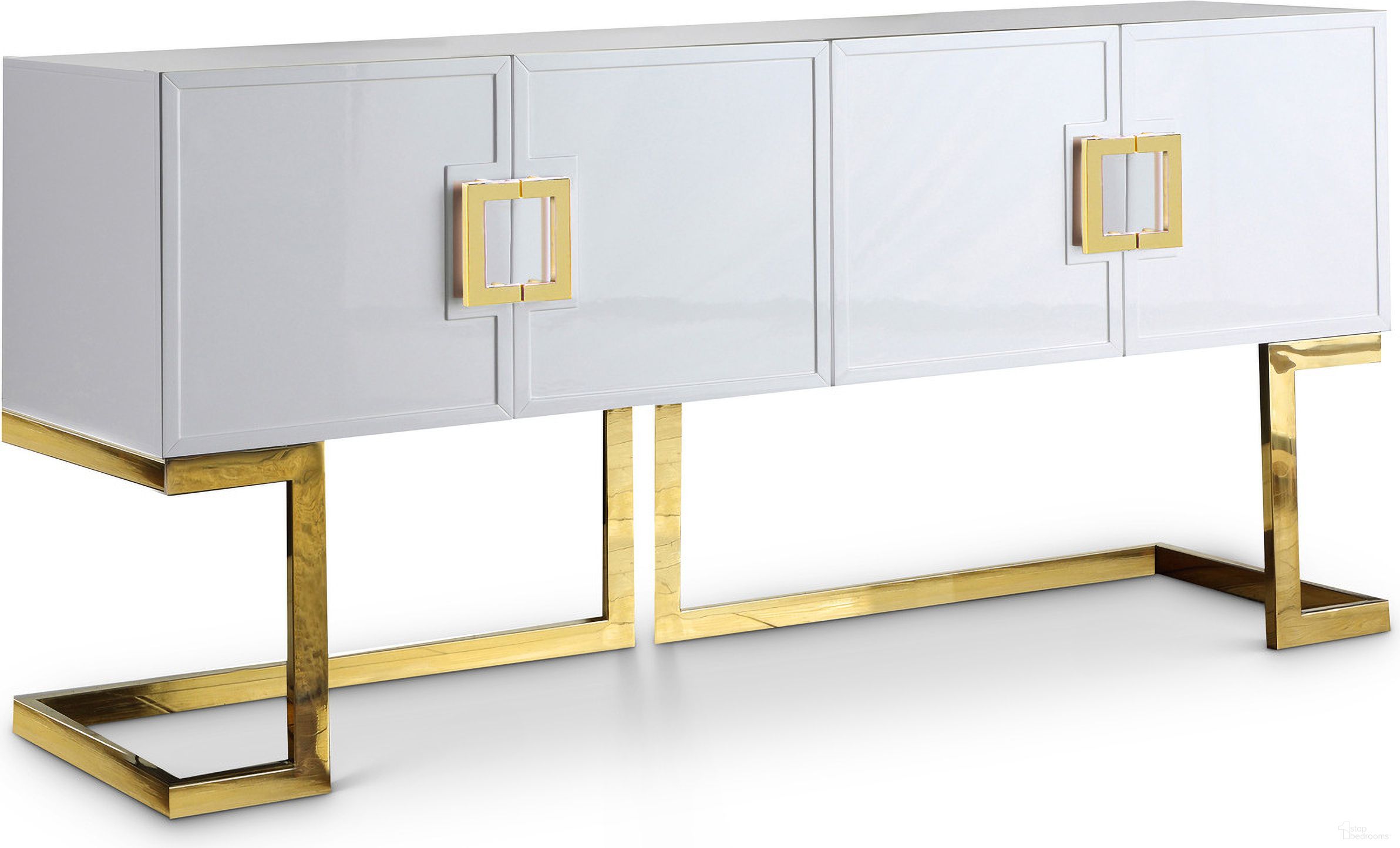 The appearance of Beth Sideboard/Buffet In White and Gold designed by Meridian in the modern / contemporary interior design. This white and gold piece of furniture  was selected by 1StopBedrooms from Beth Collection to add a touch of cosiness and style into your home. Sku: 306. Material: Stainless Steel.