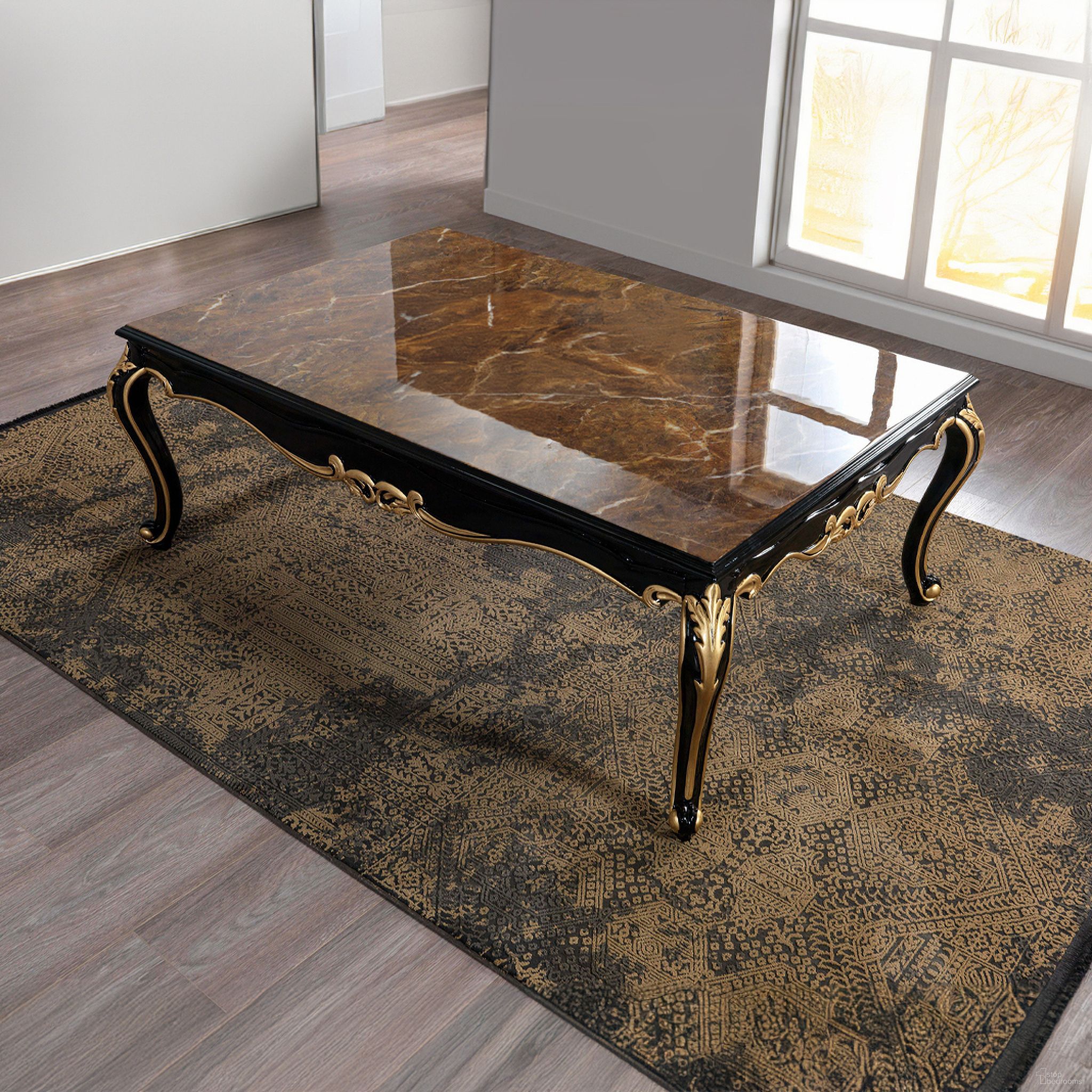 The appearance of Betria Coffee Table In Engineered Stone Gold and Black designed by ACME in the transitional interior design. This gold and black piece of furniture  was selected by 1StopBedrooms from Betria Collection to add a touch of cosiness and style into your home. Sku: LV01890. Material: Wood.