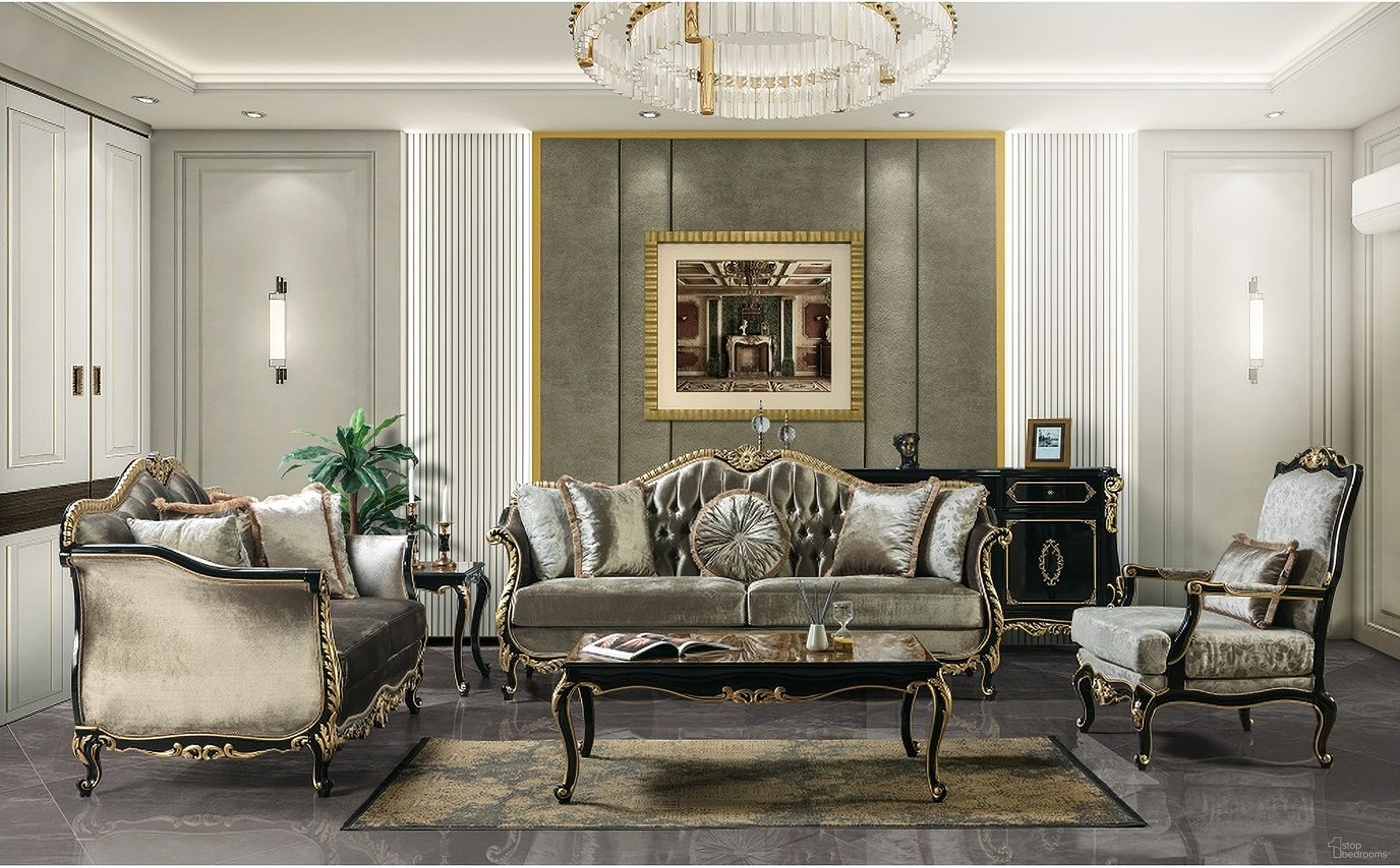 The appearance of Betria Loveseat with 4 Pillows In Light Green Gold and Black High Gloss designed by ACME in the transitional interior design. This gold and black piece of furniture  was selected by 1StopBedrooms from Betria Collection to add a touch of cosiness and style into your home. Sku: LV01888. Material: Wood.