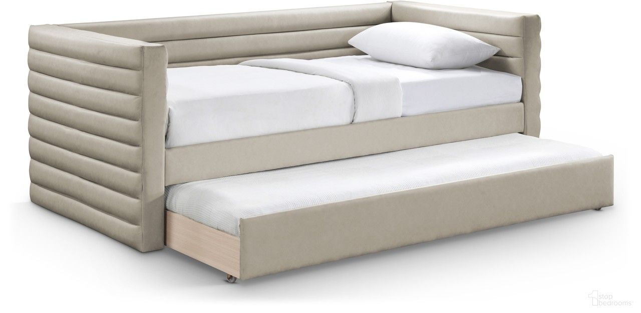 The appearance of Beverly Vegan Leather Twin Daybed In Beige designed by Meridian in the modern / contemporary interior design. This beige piece of furniture was selected by 1StopBedrooms from Beverly Collection to add a touch of cosiness and style into your home. Sku: BeverlyBeige-T Box 1/2 (Side Arms / Slats / Trundle Panel);BeverlyBeige-T Box 2/2 (Back / Side Rail). Bed Type: Daybed. Material: Wood. Bed Size: Twin.