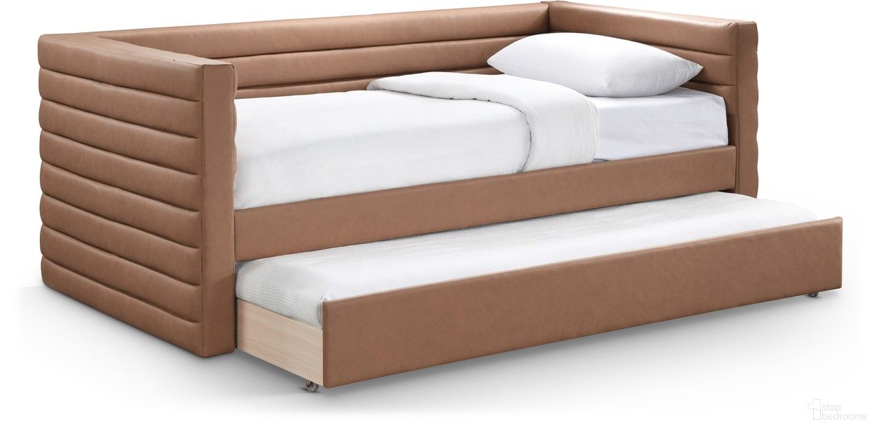 The appearance of Beverly Vegan Leather Twin Daybed In Cognac designed by Meridian in the modern / contemporary interior design. This cognac piece of furniture was selected by 1StopBedrooms from Beverly Collection to add a touch of cosiness and style into your home. Sku: BeverlyCognac-T Box 1/2 (Side Arms / Slats / Trundle Panel);BeverlyCognac-T Box 2/2 (Back / Side Rail). Bed Type: Daybed. Material: Wood. Bed Size: Twin.