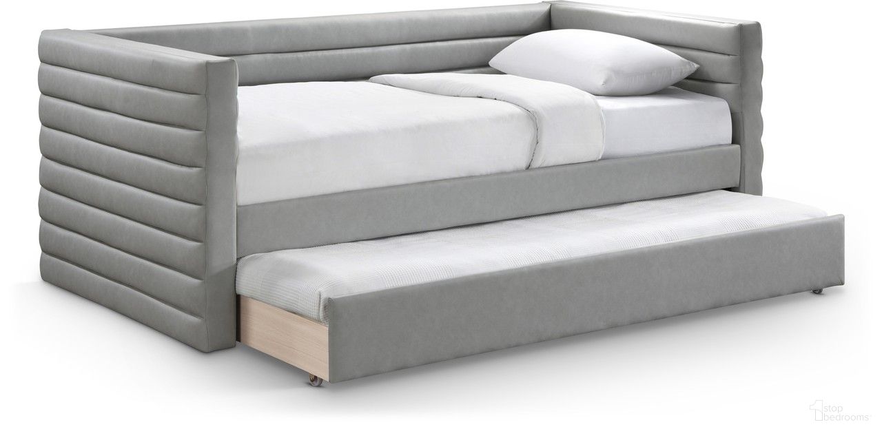 The appearance of Beverly Vegan Leather Twin Daybed In Grey designed by Meridian in the modern / contemporary interior design. This grey piece of furniture was selected by 1StopBedrooms from Beverly Collection to add a touch of cosiness and style into your home. Sku: BeverlyGrey-T Box 1/2 (Side Arms / Slats / Trundle Panel);BeverlyGrey-T Box 2/2 (Back / Side Rail). Bed Type: Daybed. Material: Wood. Bed Size: Twin.