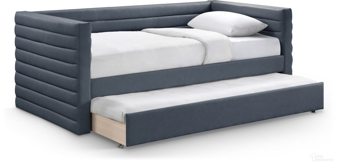 The appearance of Beverly Vegan Leather Twin Daybed In Navy designed by Meridian in the modern / contemporary interior design. This navy piece of furniture was selected by 1StopBedrooms from Beverly Collection to add a touch of cosiness and style into your home. Sku: BeverlyNavy-T Box 1/2 (Side Arms / Slats / Trundle Panel);BeverlyNavy-T Box 2/2 (Back / Side Rail). Bed Type: Daybed. Material: Wood. Bed Size: Twin.