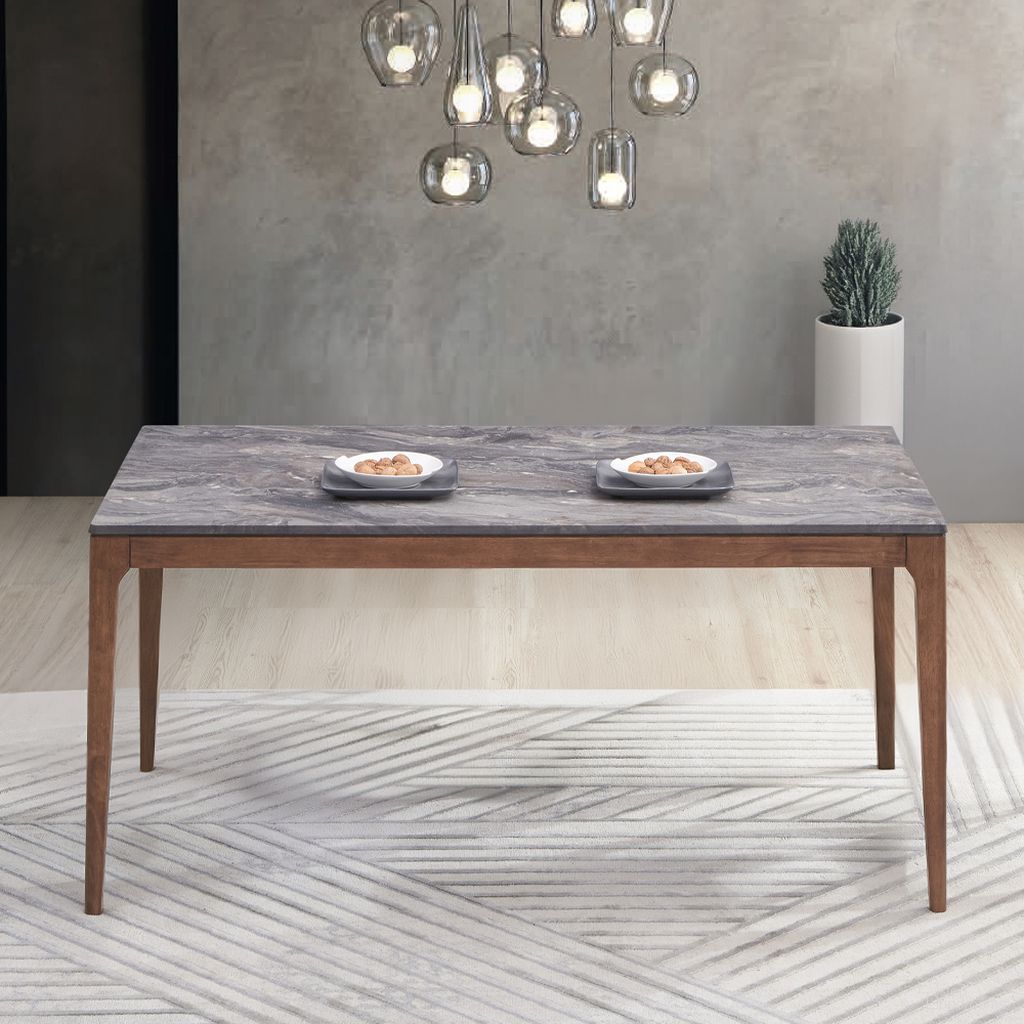The appearance of Bevis Dining Table In Walnut designed by ACME in the modern / contemporary interior design. This walnut piece of furniture  was selected by 1StopBedrooms from Bevis Collection to add a touch of cosiness and style into your home. Sku: DN02312. Table Base Style: Legs. Material: Wood. Table Top Shape: Rectangular. Size: 63".