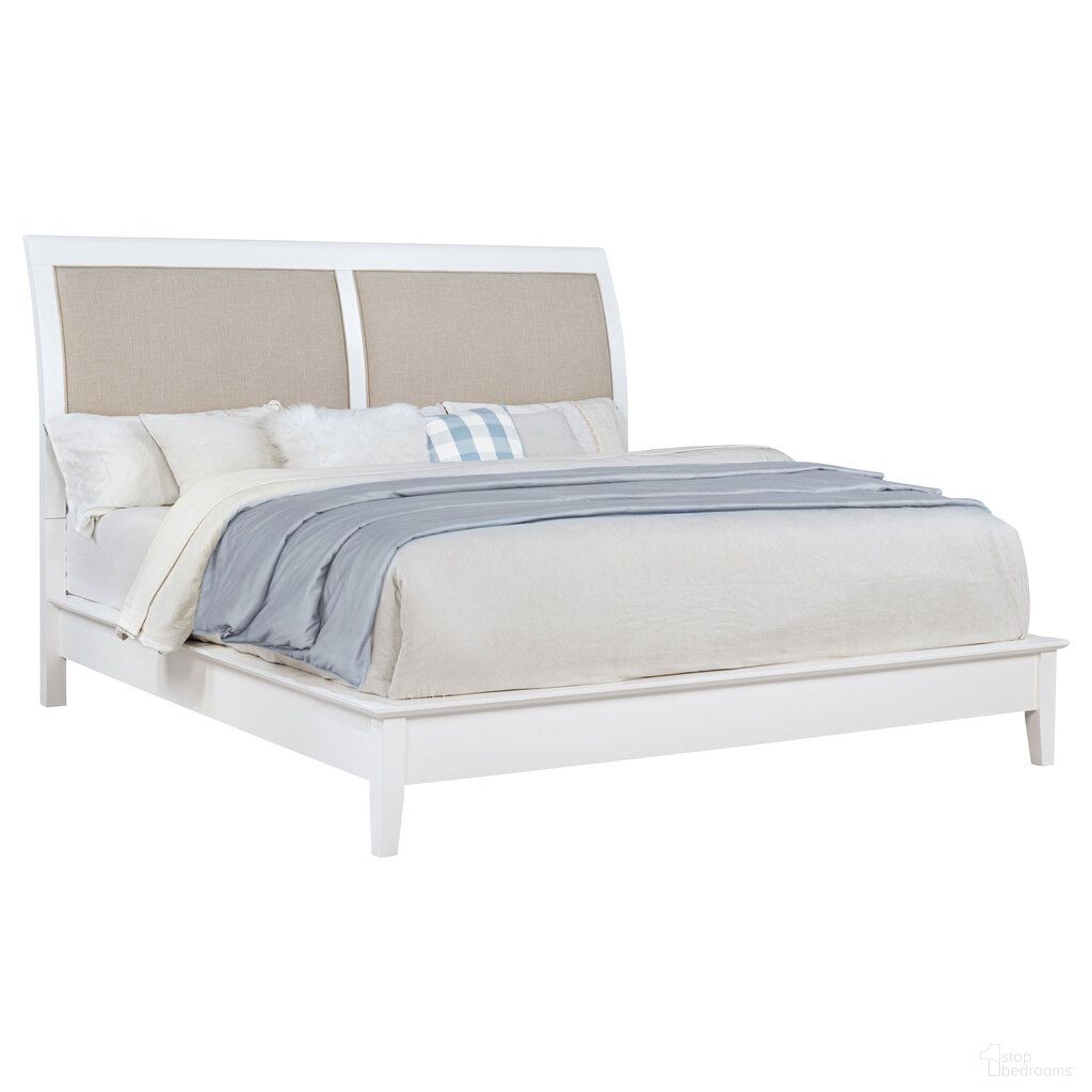 The appearance of Bexhill 56 Inch Upholstered Eastern King Panel Bed In White and Tan designed by Coaster in the coastal interior design. This white/tan piece of furniture  was selected by 1StopBedrooms from Bexhill Collection to add a touch of cosiness and style into your home. Sku: 223471KEB1;223471KEB2;223471KEB3. Bed Type: Panel Bed. Material: Polyester. Bed Size: King.
