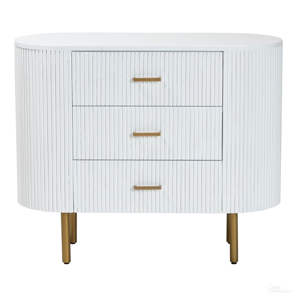 The appearance of Beyla Fluted Wood and Metal 3-Drawer Dresser In White and Gold designed by Baxton Studio in the transitional interior design. This white/gold piece of furniture was selected by 1StopBedrooms from Beyla Collection to add a touch of cosiness and style into your home. Sku: SVN-1240-White/Gold-Dubai-3DW-Dresser. Material: Wood.