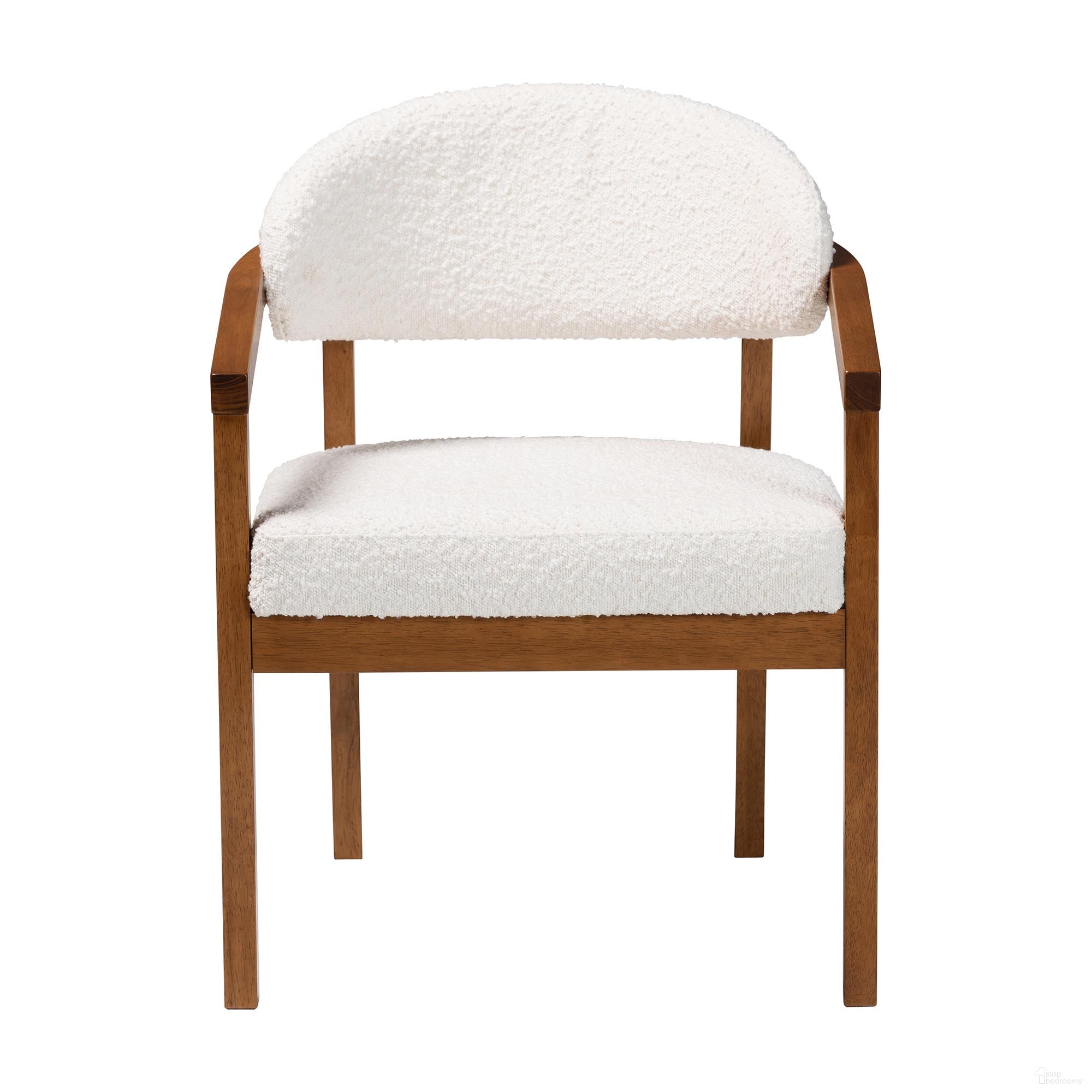 The appearance of Biana Boucle Dining Chair In Cream and Walnut Brown designed by Baxton Studio in the modern / contemporary interior design. This cream/walnut brown piece of furniture was selected by 1StopBedrooms from Biana Collection to add a touch of cosiness and style into your home. Sku: BBT5541-Cream/Walnut-DC. Chair Type: Arm Chair. Material: Boucle Fabric.