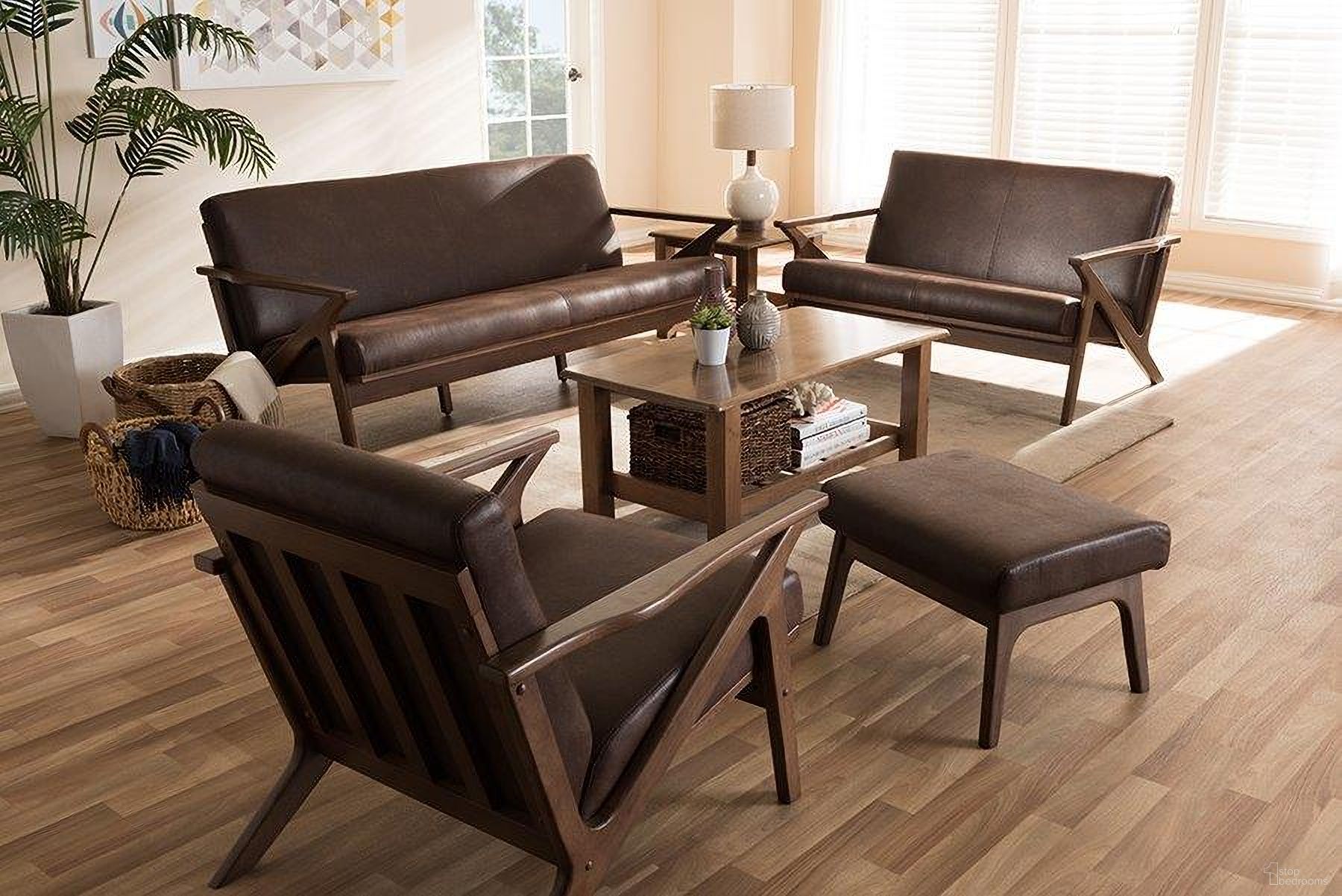 The appearance of Bianca Mid-Century Modern Walnut Wood Dark Brown Distressed Faux Leather Livingroom Sofa Set designed by Baxton Studio in the transitional interior design. This walnut piece of furniture was selected by 1StopBedrooms from Bianca Collection to add a touch of cosiness and style into your home. Sku: Bianca-Dark Brown/Walnut Brown-4PC-Set. Material: Rubberwood.