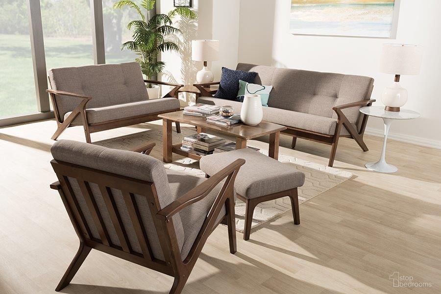 The appearance of Bianca Mid-Century Modern Walnut Wood Light Grey Fabric Tufted Livingroom Sofa Set designed by Baxton Studio in the transitional interior design. This light grey piece of furniture  was selected by 1StopBedrooms from Bianca Collection to add a touch of cosiness and style into your home. Sku: Bianca-Light Grey/Walnut Brown-4PC-Set. Material: Rubberwood.
