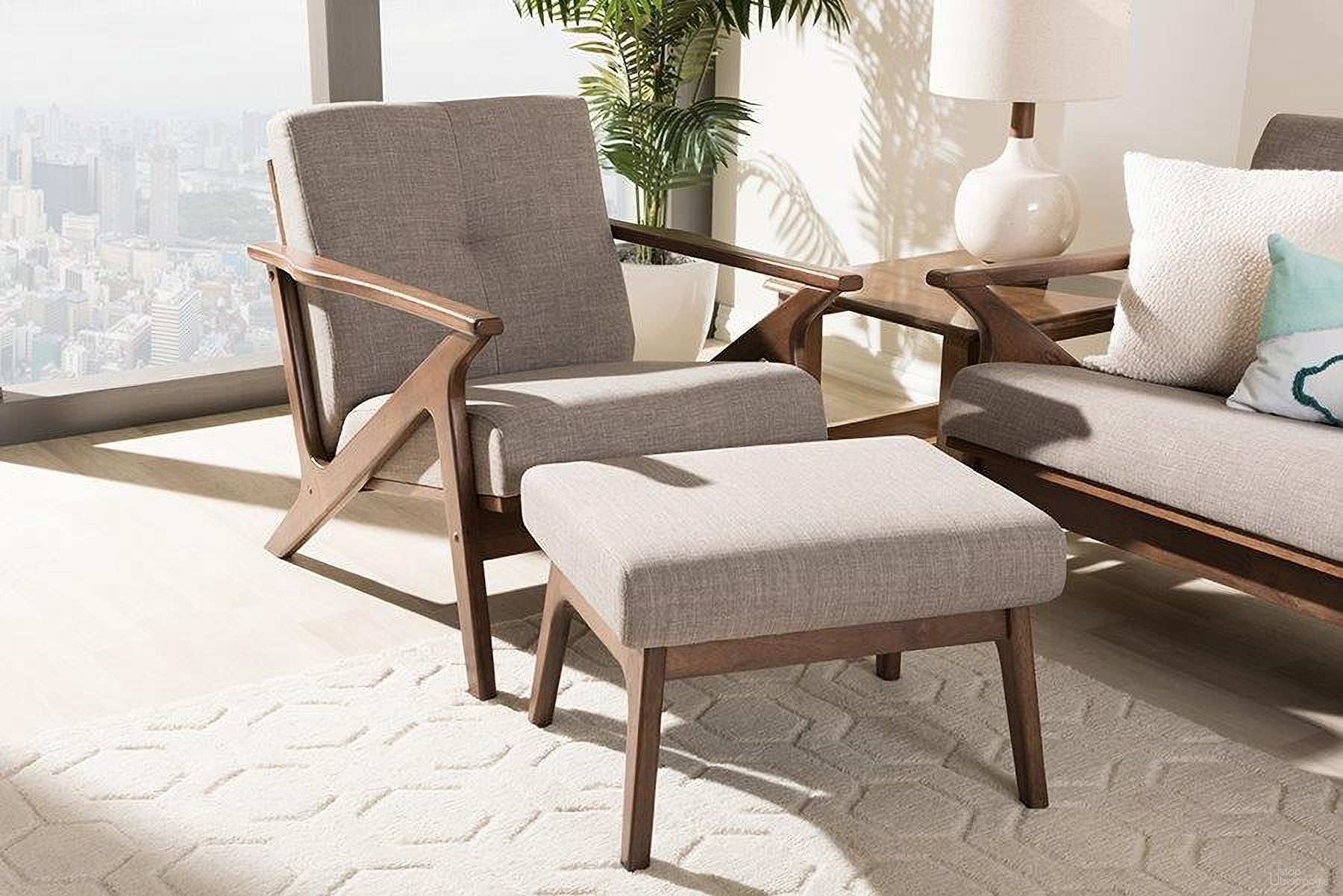 The appearance of Bianca Mid-Century Modern Walnut Wood Light Grey Fabric Tufted Lounge Chair And Ottoman Set designed by Baxton Studio in the transitional interior design. This light grey piece of furniture  was selected by 1StopBedrooms from Bianca Collection to add a touch of cosiness and style into your home. Sku: Bianca-Light Grey/Walnut Brown-2PC-Set. Material: Rubberwood.
